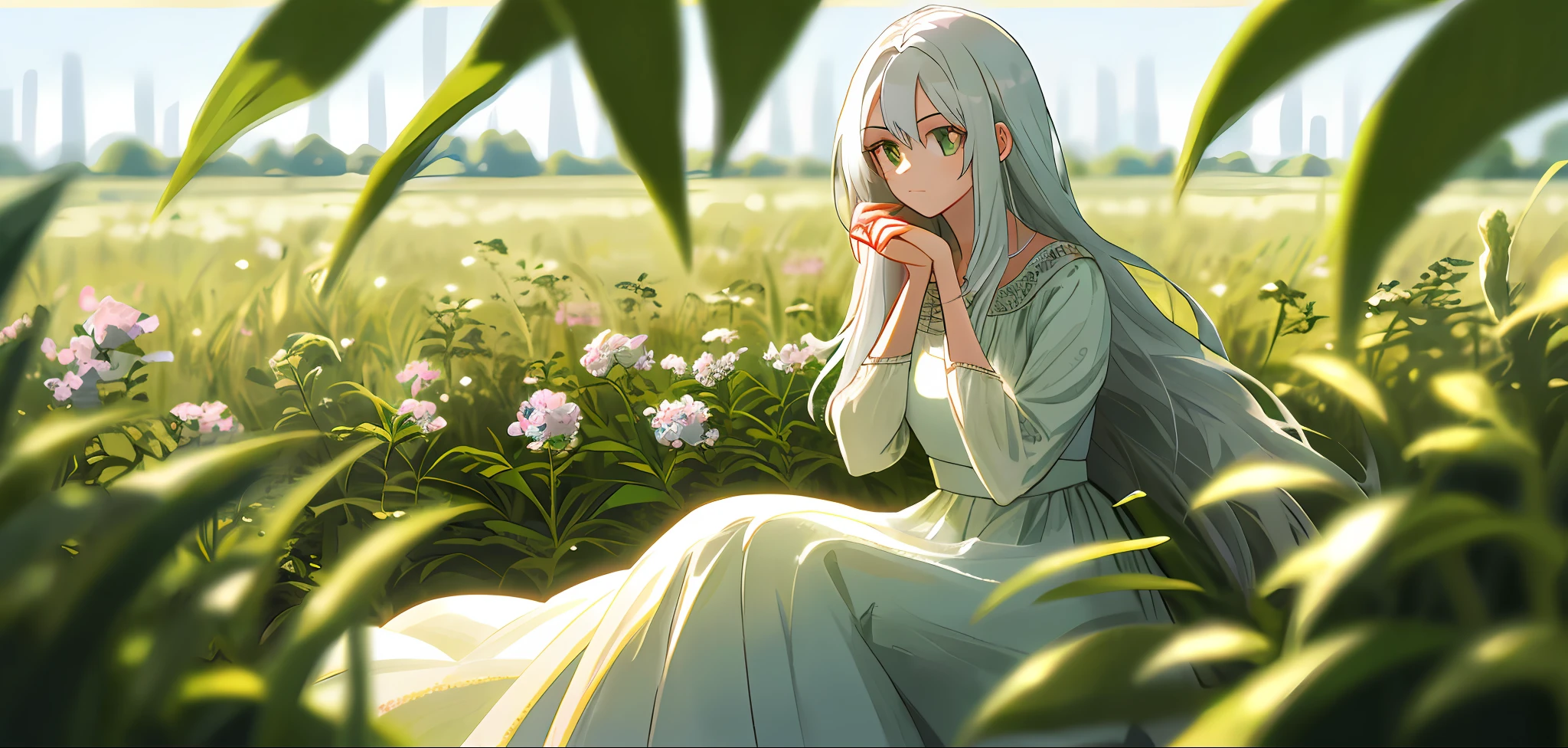 (masterpiece, best quality),1girl with long white hair sitting in a field of green plants and flowers, her hand under her chin, warm lighting, white dress, blurry foreground