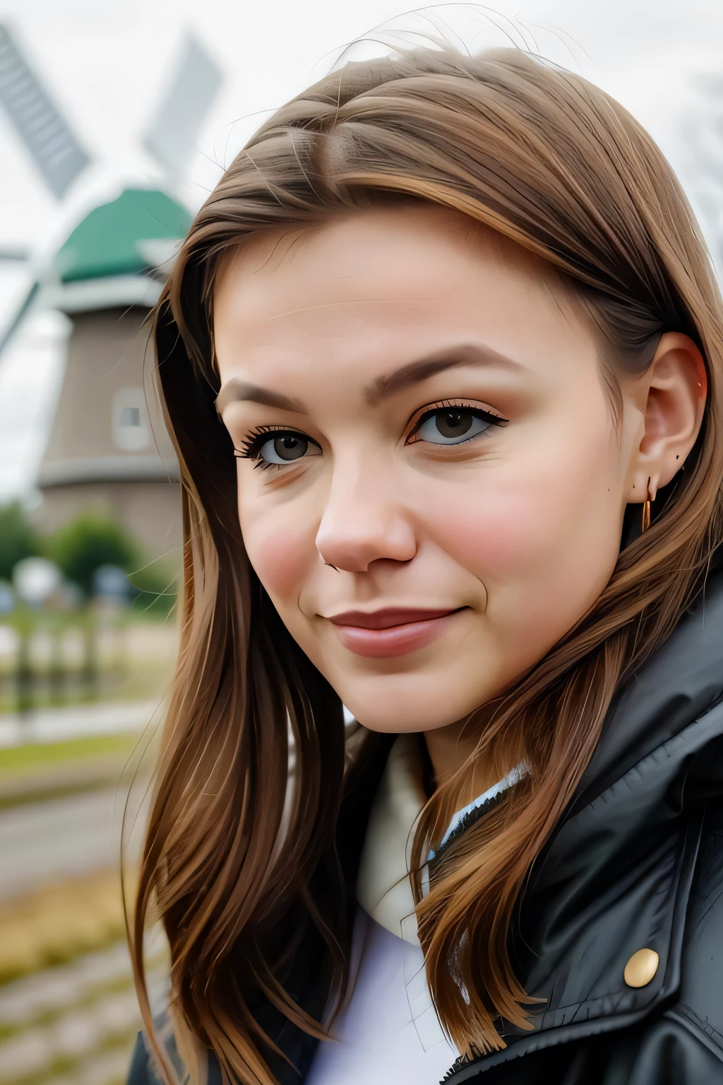 a beautiful woman, in holland, amsterdam, windmills in the background, gouda shop, close up, perfect face, warm eyes, 8k uhd, cinematic lighting