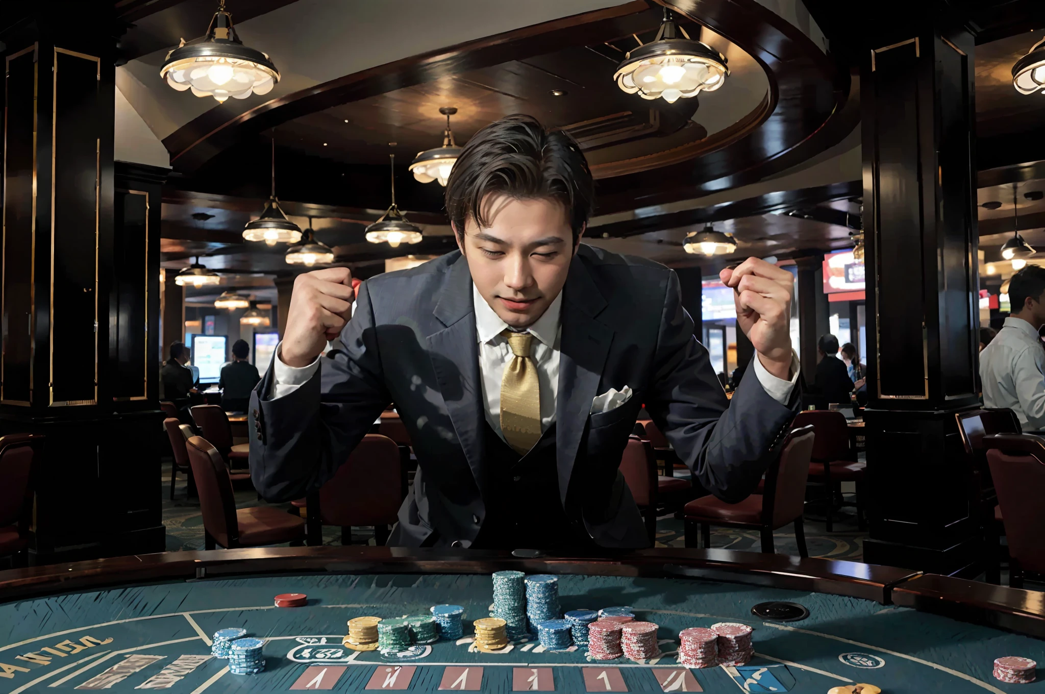 Alafeld man wearing suit and tie playing pétanque in casino, Handsome man looking directly into the camera and smiling,casino, flaunting his wealth, indoor casino, Play poker, the card player man, inside a casino, Gamine, cover shot, Gambling like no one, gambling, poggers, poker card style, inside a grand, taken in 2 0 2 0, asian man，Asian man looking at camera and smiling