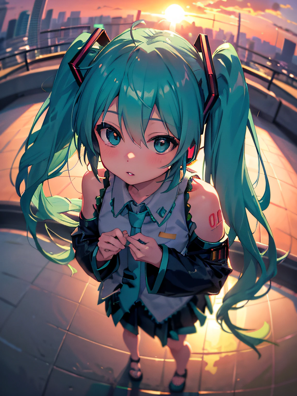 ((masterpiece))((sfw))
(best_quality)
(fisheye) (from_above)
(blurry_background) (depth_of_field)
(caustics)
(outdoors) (rooftop) (sunset) (backlighting) (sunlight)
                                 (Hatsune Miku) (twintails)
(parted_lips)