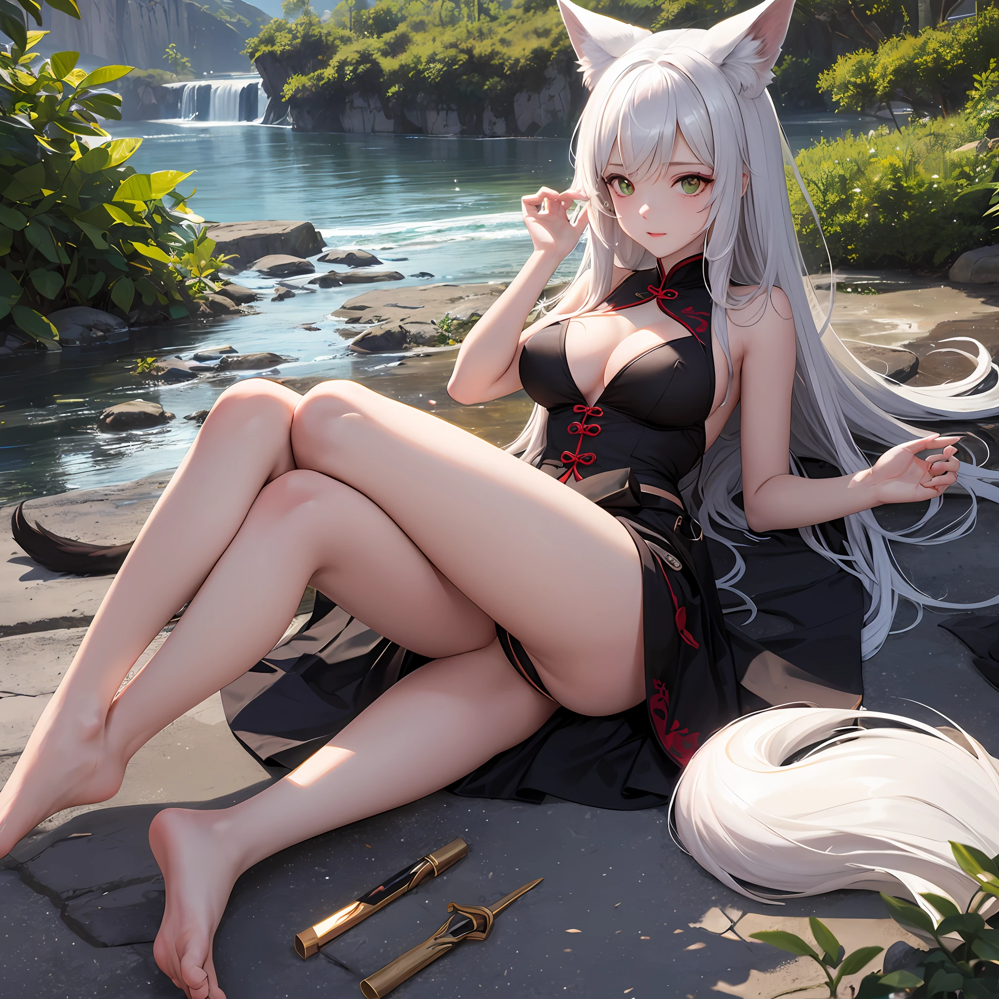 ultraclear, quadratic element, 1 girl, Landscape orientation, Black fox ears, white color hair, Black stuffed fox tail, ogle, green pupills, Red and black dress, Be red in the face, adolable, medium boob, big breasts thin waist, long leges, Naked foot, lie on one's side, white skinned, Chinese background, (highly detailed skin:1.2), --auto