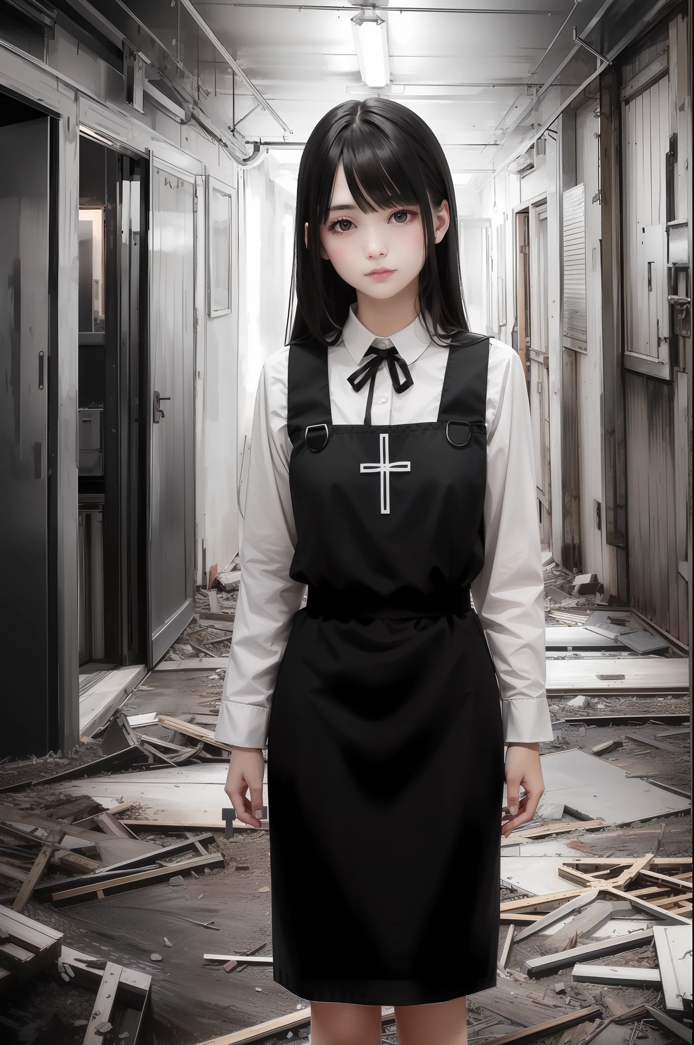 (Best Quality, masutepiece:1.1), (Realistic:1.4), 1girl in、Longhaire、Anxious expression、Red Summer Dress、Background with、Countless crosses in an abandoned Western-style building、dark color