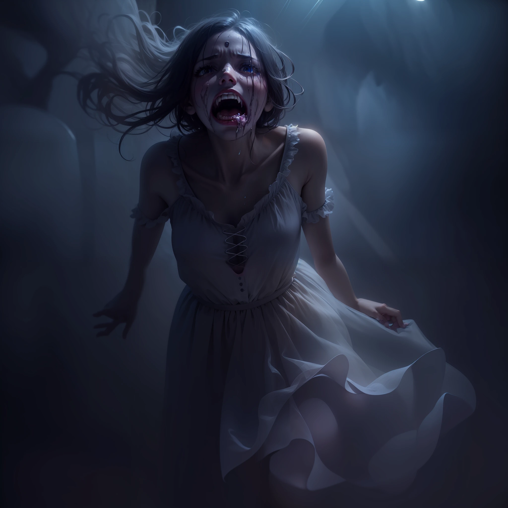 screaming in pain ghost girl with translucent dress floating on the ceiling of a dark room, suffering eyes, dust and dirt, darkness, mist, night time, creepy, UHD, high details, best quality, highres, 8k