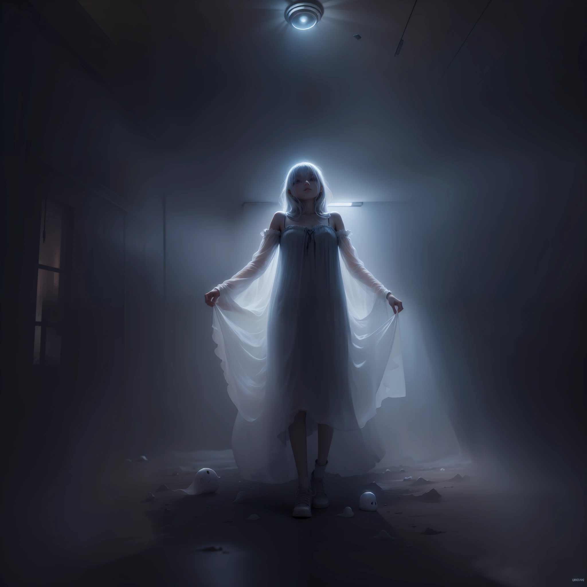 floating ghost girl with translucent dress on the ceiling of a dark room, suffering eyes, dust and dirt, darkness, mist, night time, creepy, UHD, high details, best quality, highres, 8k