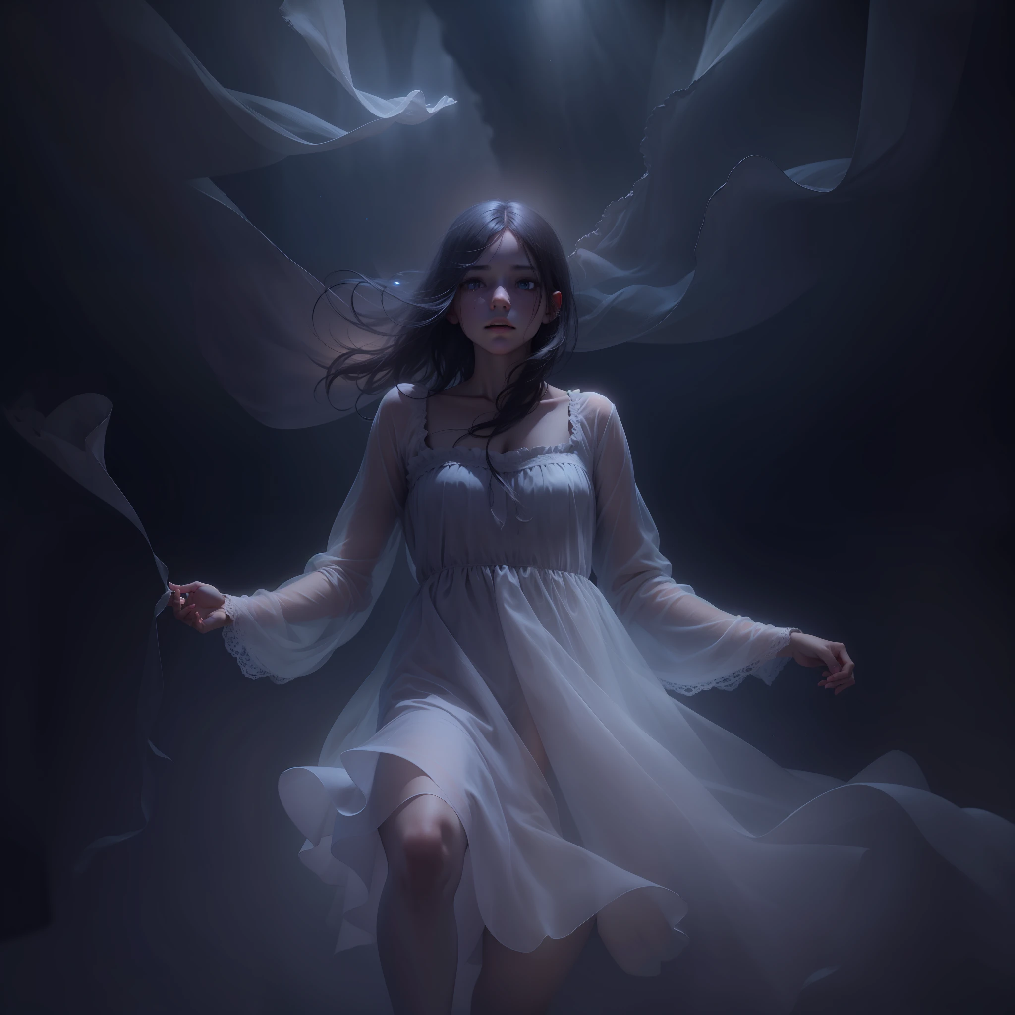 floating ghost girl with translucent dress on the ceiling of a dark room, suffering eyes, dust and dirt, darkness, mist, night time, creepy, UHD, high details, best quality, highres, 8k