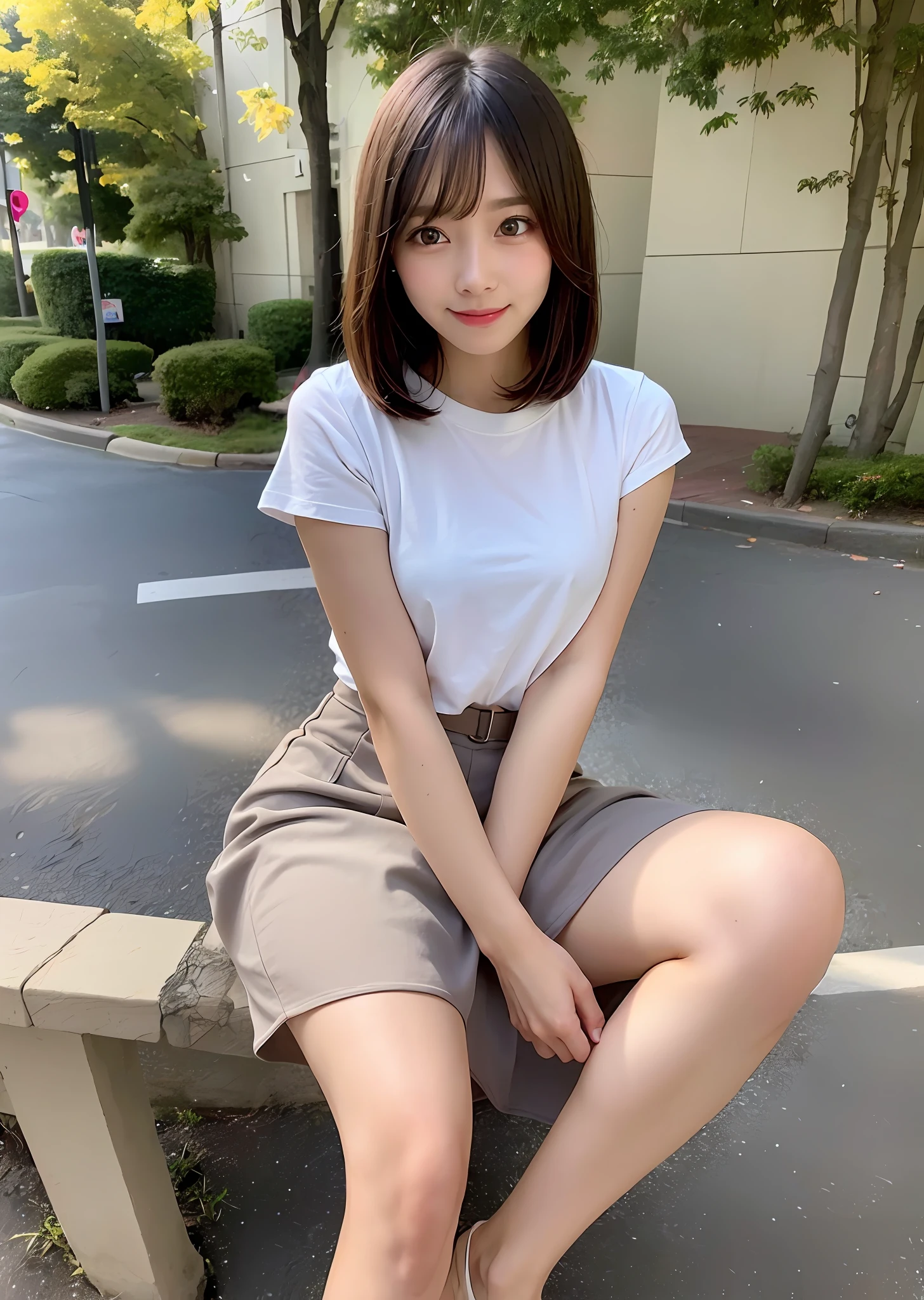 top-quality、Super Detail、body turned sideways、shirts lift、Chest-length shirt、Tight shirt、tight skirts、a short skirt、You can see up to the feet、skinny thigh、perfect hand、perfect foot、Perfect body、Sexy Shots, Photorealsitic, 8K、The underside of the chest is visible、no-bra、Ordinary chest、Beautiful body lines、being thin、shorth hair、cleavage of the breast、ankle