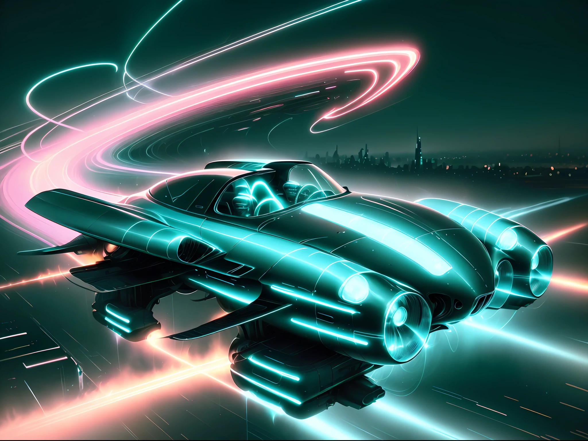 Aerodynamic futuristic concept car gliding through a city of neon lights in a retro 1940s style, with ((trailing light streaks)) illuminating its sleek curves.
((in the style of Daniel Simon)), sleek, metallic finish, gullwing doors, chrome trim, high-speed, glossy, streamlined, neon lights, wide tires.