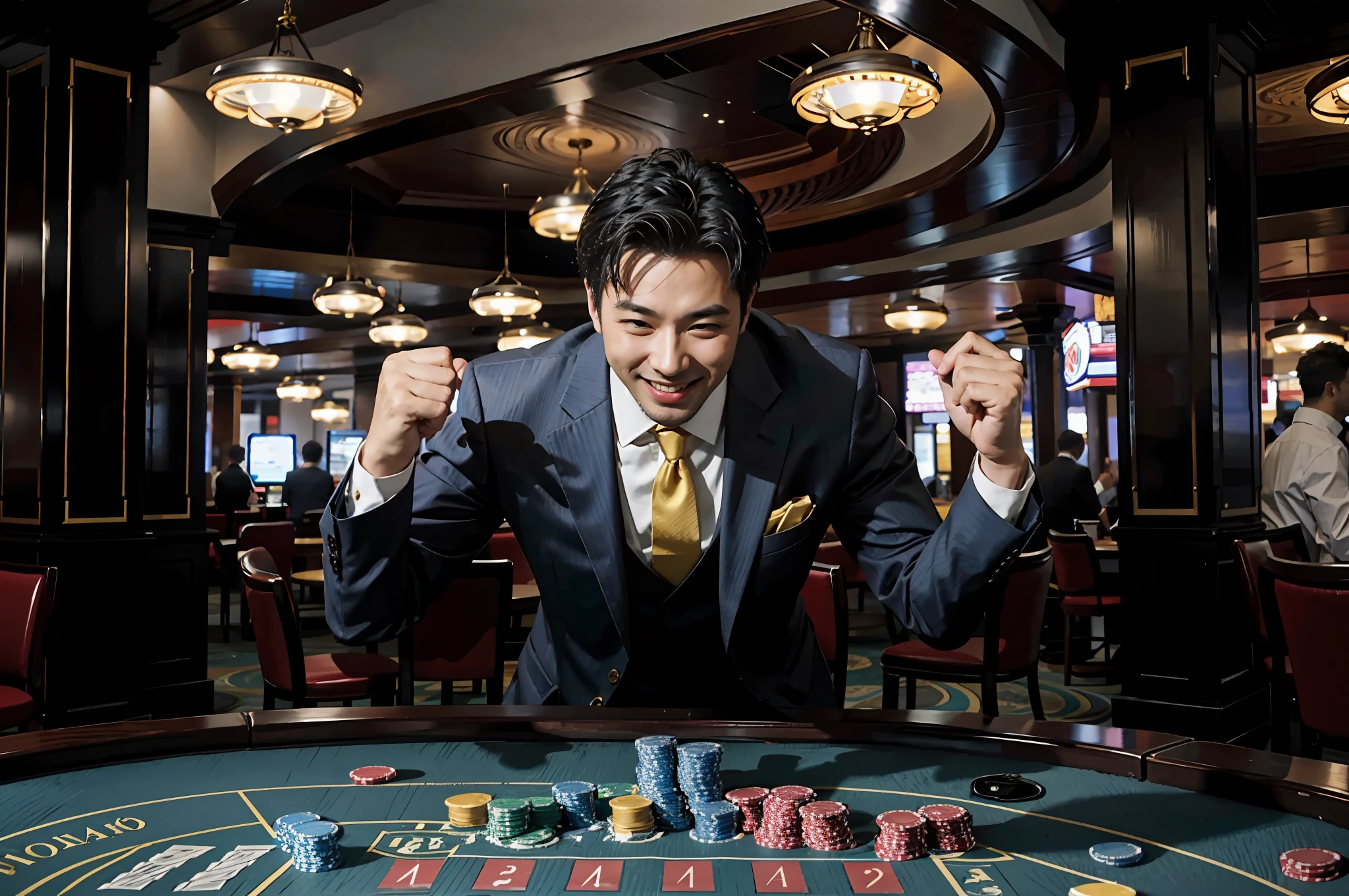 Alafeld man in suit and tie playing pétanque in casino, Handsome man looking directly into the camera and smiling,casino, flaunting his wealth, indoor casino, Play poker, the card player man, inside a casino, Gamine, cover shot, Gambling like no one, gambling, poggers, poker card style, inside a grand, taken in 2 0 2 0, asian man,Asian man looking at camera and smiling