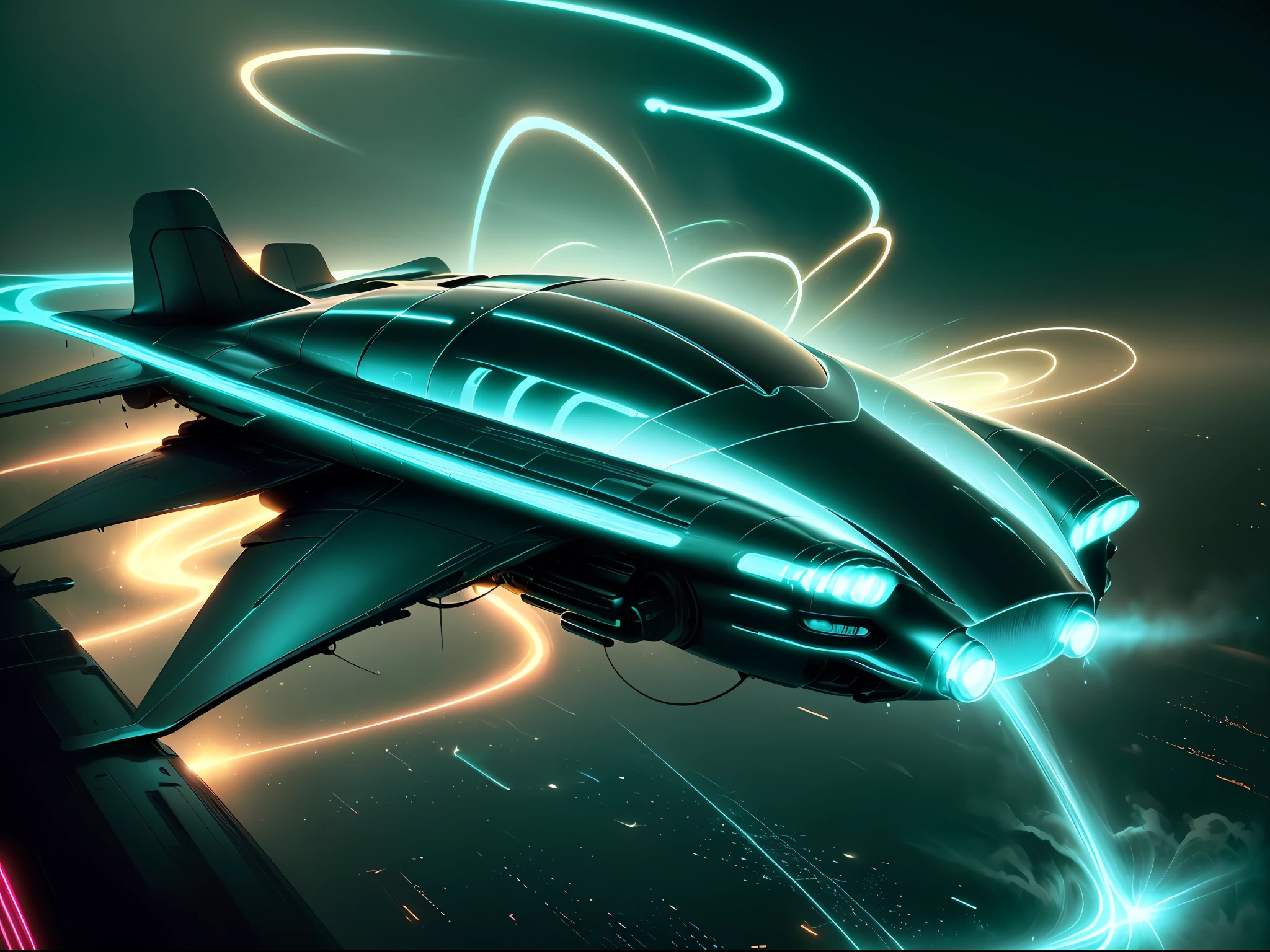 Aerodynamic futuristic concept car gliding through a city of neon lights in a retro 1940s style, with ((trailing light streaks)) illuminating its sleek curves.
((in the style of Daniel Simon)), sleek, metallic finish, gullwing doors, chrome trim, high-speed, glossy, streamlined, neon lights, wide tires.