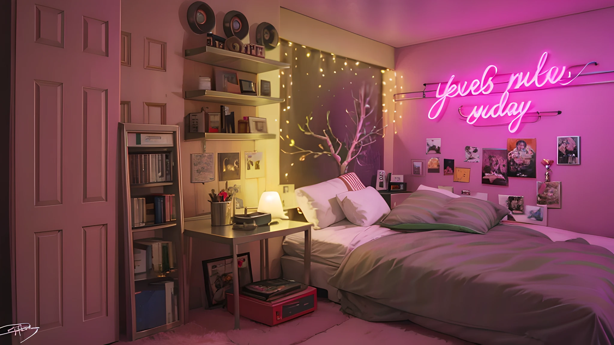 There is a bed with white duvet and a neon sign, quarto adolescente cyberpunk, bem detalhado, 4k, aconchegante retrofuturismo, Cyberpunk Room at Night, Elogio Artstyle, quarto infantil cyberpunk, soft neon atmosphere, in a cyberpunk themed room, an 80's bedroom, Neon environment, synthwave aesthetic, arte de fundo, decada de 90, Anos 90