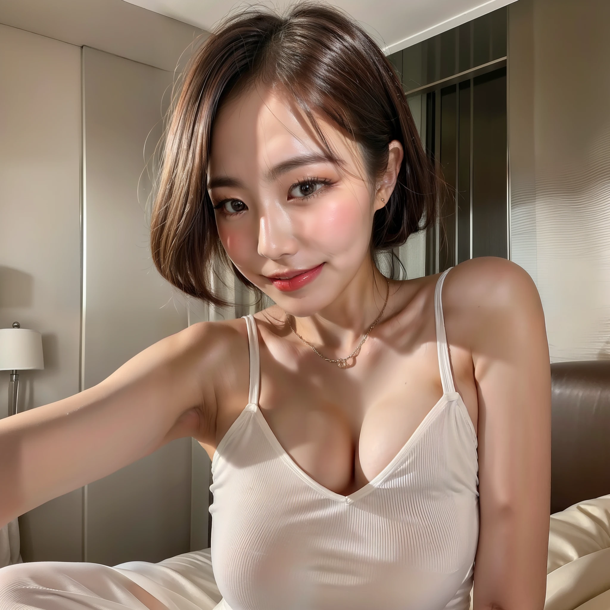hot Korean woman, light smile, perfect face, white dress, tight dress, sexy dress, transparent dress, wet dress on the chest part, bouncing, natural lighting, hotel room.