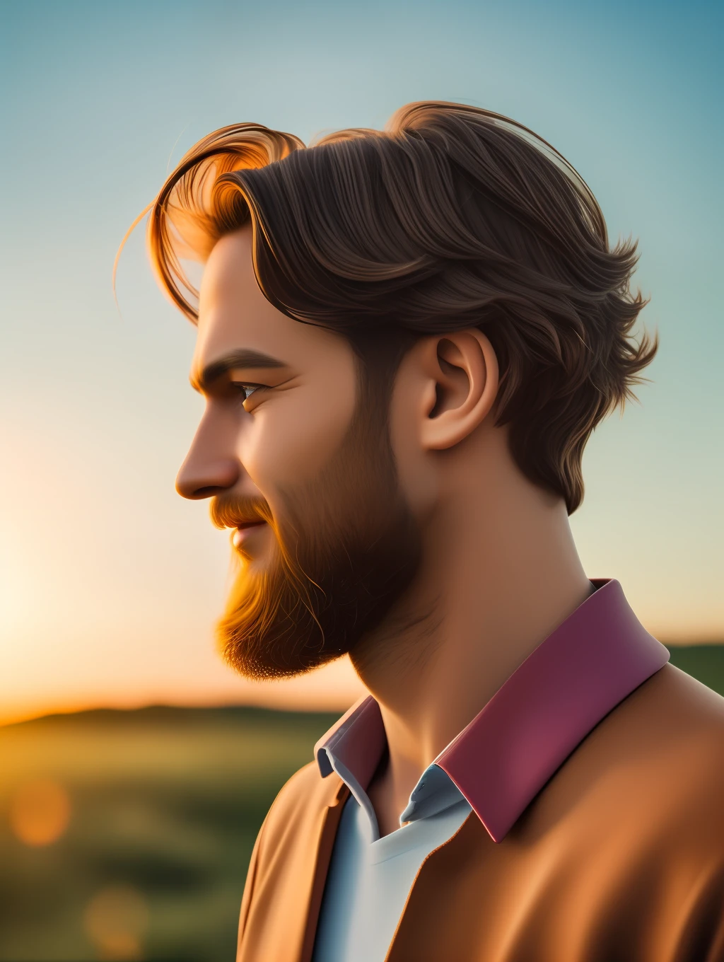 A realistic, insanely handsome happy bohemian man, short windy hair, full length, highly detailed face, nature background at sunrise, detailed body, highly detailed, soft colors, porcelain skin, elegant, golden ratio, light brown hair, short windy hair, extremely handsome detailed eyes, bright colors, rainbow hair, giving a sense of isolation and introspection, backlighting, hasselblad helios 44-2 58mm F2