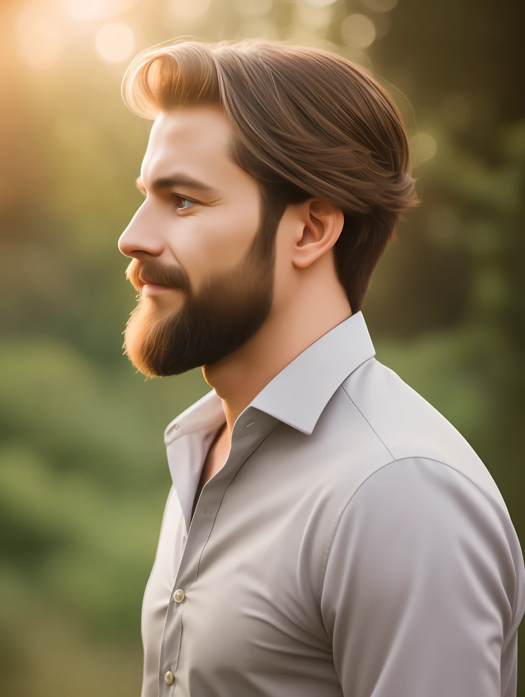 A realistic, insanely handsome happy bohemian man, short windy hair, full length, highly detailed face, nature background at sunrise, detailed body, highly detailed, soft colors, porcelain skin, elegant, golden ratio, light brown hair, short windy hair, extremely handsome detailed eyes, bright colors, rainbow hair, giving a sense of isolation and introspection, backlighting, hasselblad helios 44-2 58mm F2