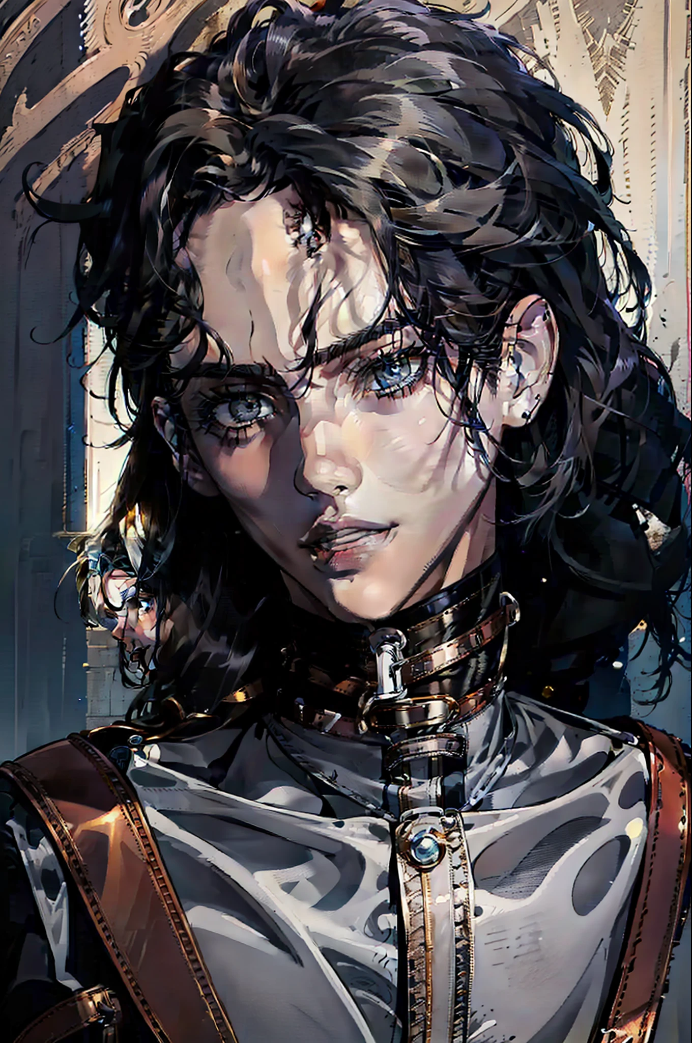 (absurdres, highres, ultra detailed), 1man, 30 years old man, adult man, handsome, tall,, finely detailed eyes and detailed face, leather pants, (((open chest))), (((underbust corset))), night, smile, dutch angle, ((long hair, white hair)), gold details, gothic, vampire, vampire prince, dark, simple clothes, looking at the view, tan skin, detailed eyes, (masculine), sexy, elegant, long bangs, detailed hands, (((gray eyes))), corset, flirt,