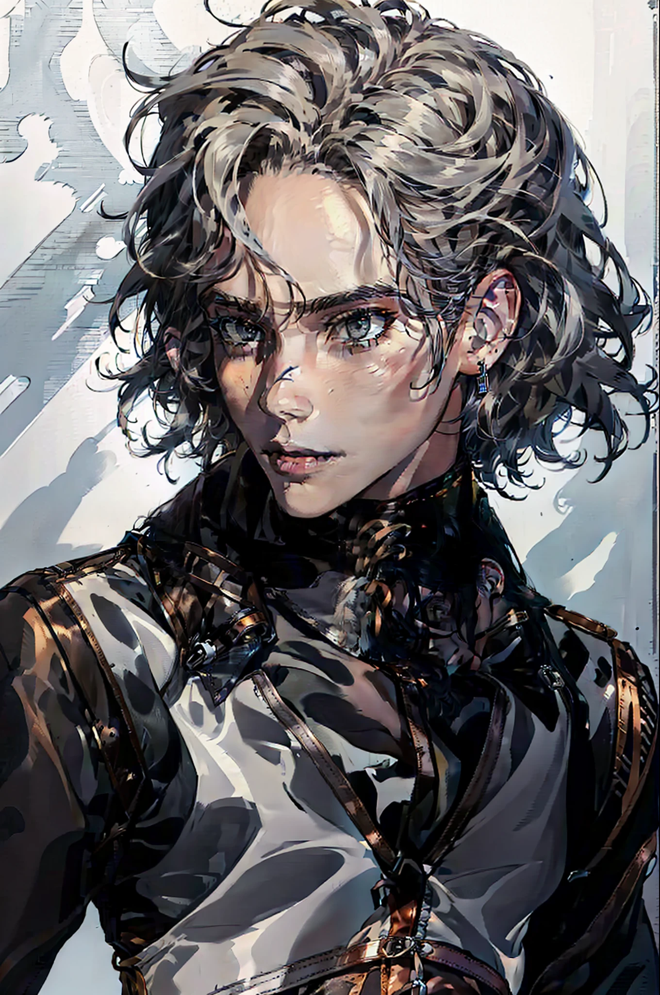(absurdres, highres, ultra detailed), 1man, 30 years old man, adult man, handsome, tall,, finely detailed eyes and detailed face, leather pants, (((open chest))), (((underbust corset))), night, smile, dutch angle, ((long hair, white hair)), gold details, gothic, vampire, vampire prince, dark, simple clothes, looking at the view, tan skin, detailed eyes, (masculine), sexy, elegant, long bangs, detailed hands, (((gray eyes))), corset, flirt,