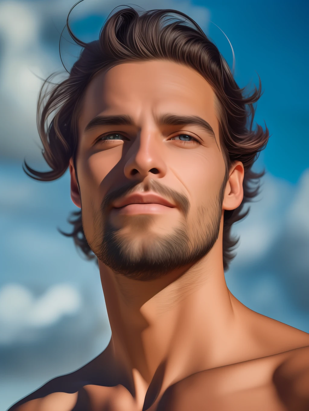 A realistic, insanely handsome happy bohemian man, short windy hair, full length, highly detailed face, nature background at sunrise, detailed body, highly detailed, soft colors, porcelain skin, elegant, golden ratio, light brown hair, short windy hair, extremely handsome detailed eyes, bright colors, rainbow hair, giving a sense of isolation and introspection, backlighting, hasselblad helios 44-2 58mm F2