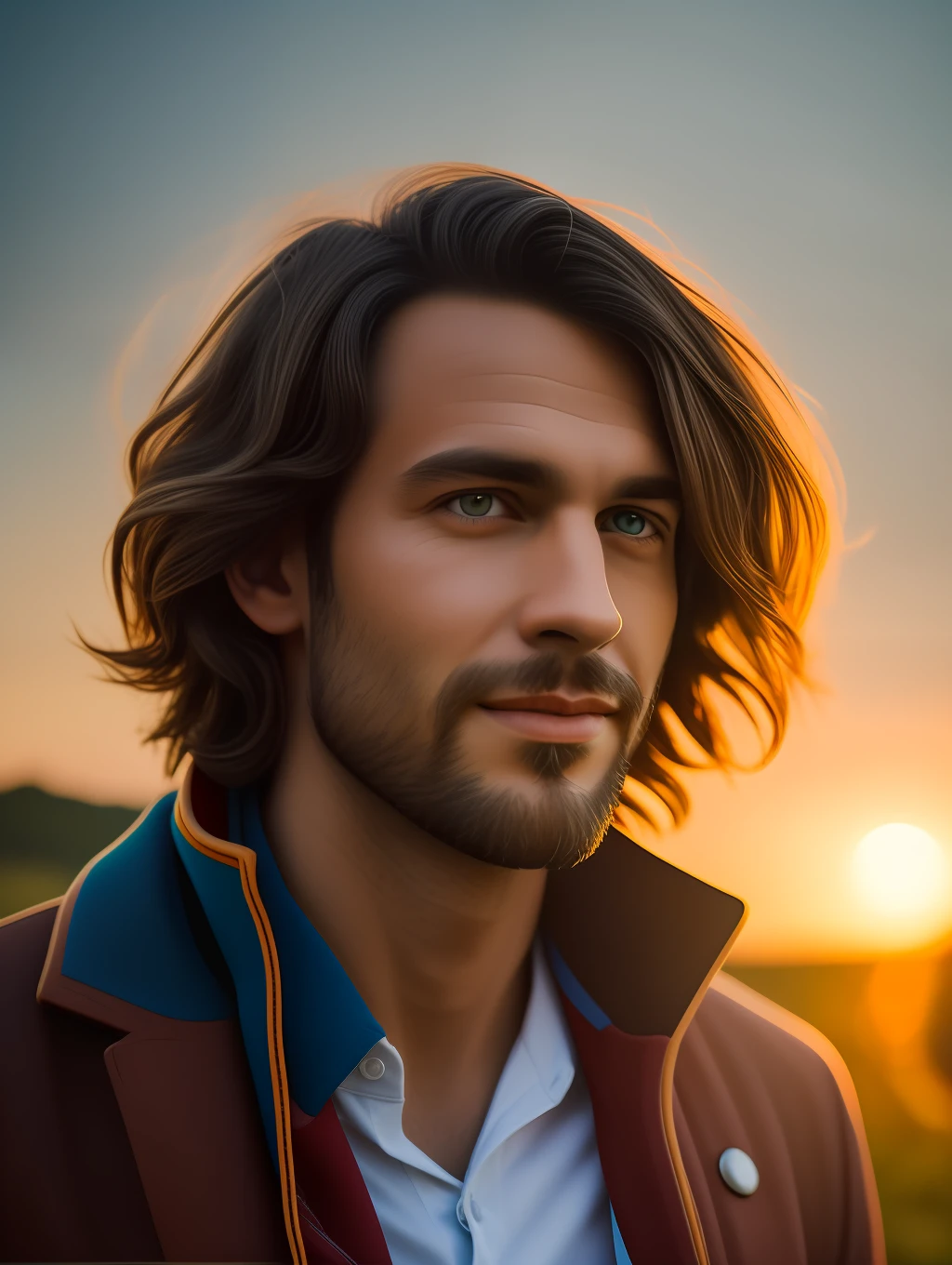A realistic, insanely handsome happy bohemian man, short windy hair, full length, highly detailed face, nature background at sunrise, detailed body, highly detailed, soft colors, porcelain skin, elegant, golden ratio, light brown hair, short windy hair, extremely handsome detailed eyes, bright colors, rainbow hair, giving a sense of isolation and introspection, backlighting, hasselblad helios 44-2 58mm F2