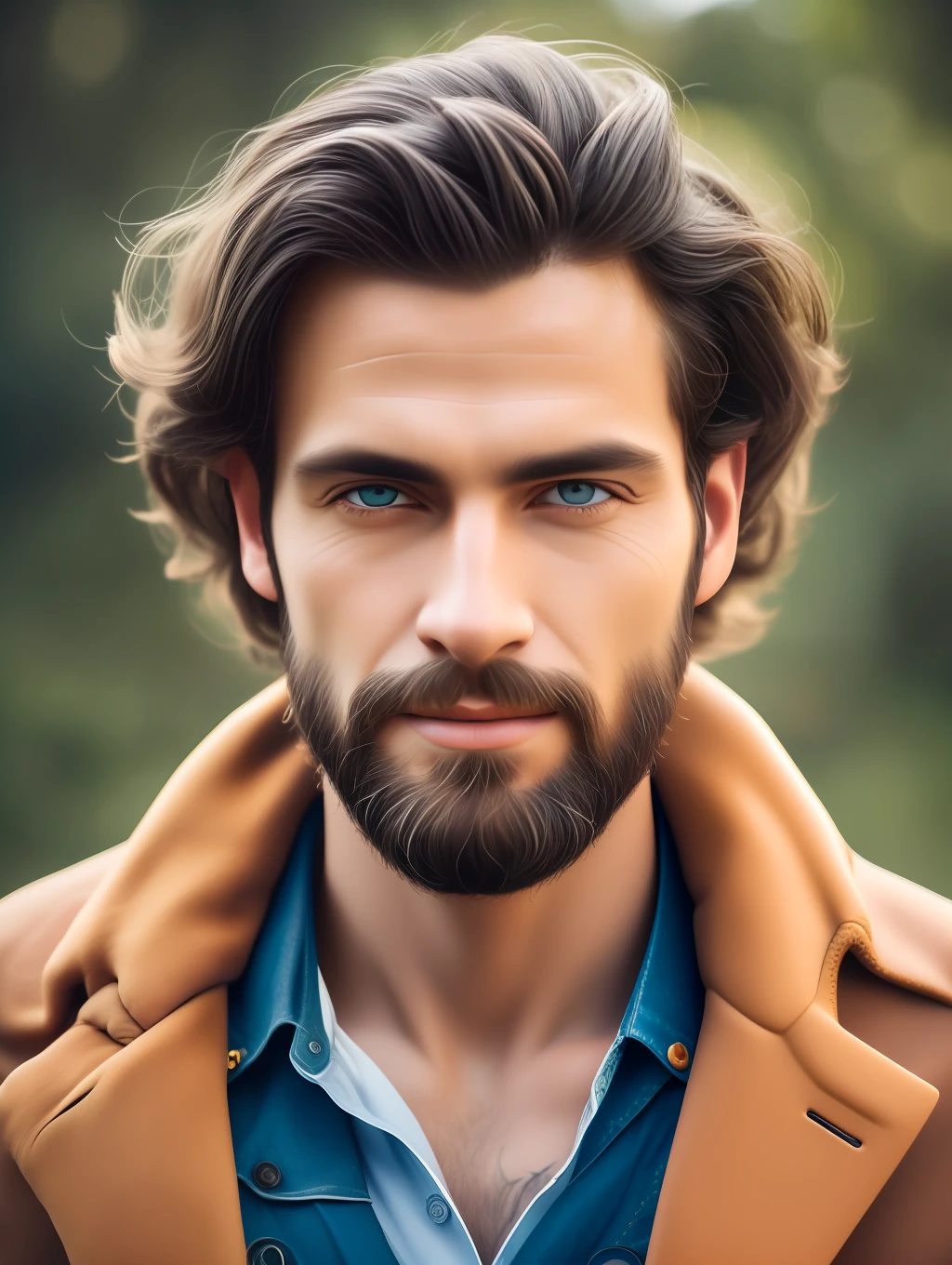A realistic, insanely handsome happy bohemian man, short windy hair, full length, highly detailed face, nature background at sunrise, detailed body, highly detailed, soft colors, porcelain skin, elegant, golden ratio, light brown hair, short windy hair, extremely handsome detailed eyes, bright colors, rainbow hair, giving a sense of isolation and introspection, backlighting, hasselblad helios 44-2 58mm F2
