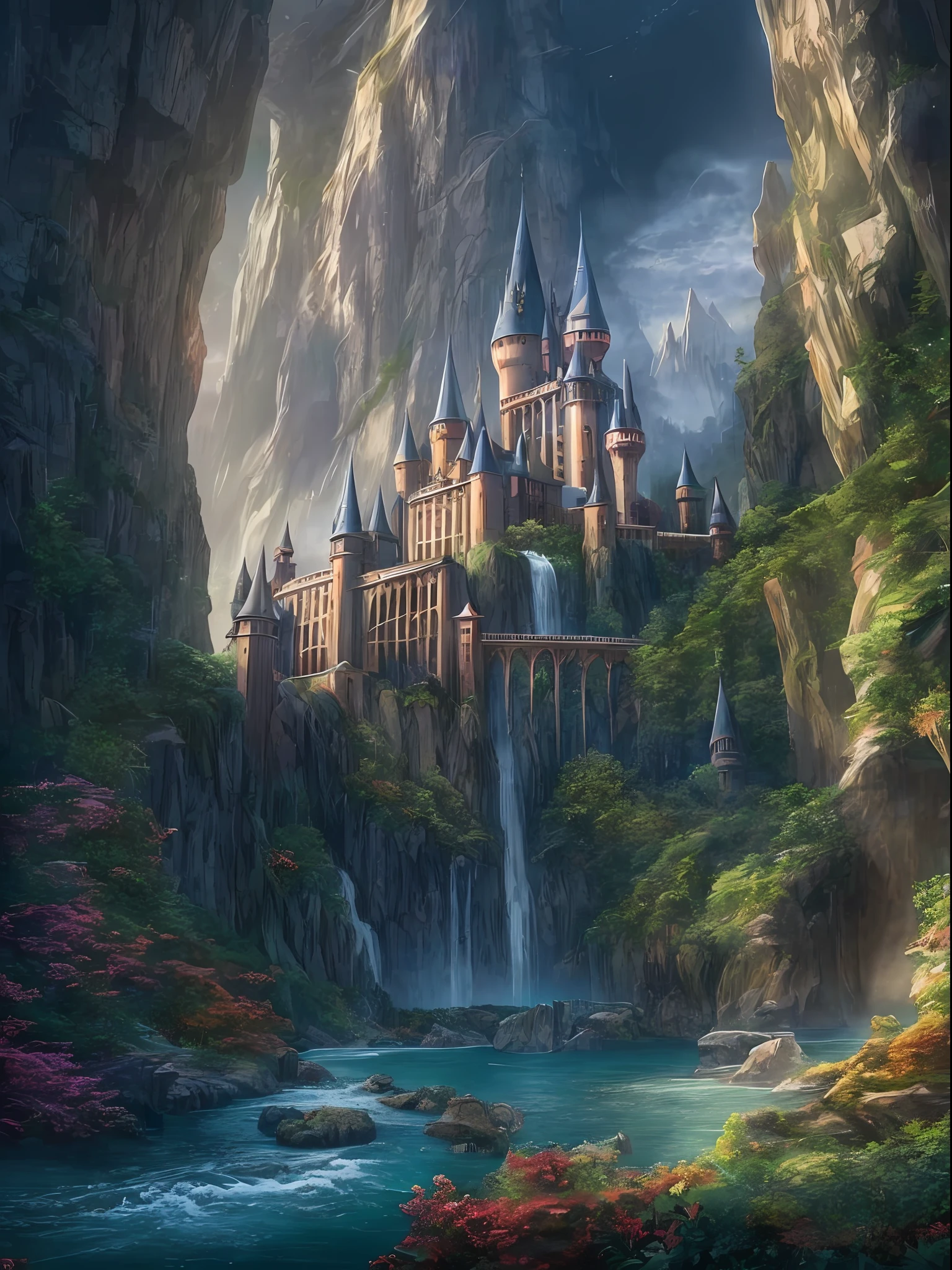 An epic and grand cinematic Hogwarts-style castle with mountains and rivers and waterfalls as well as strange plants, 4KHD, wallpapers, light effects, fantasy art