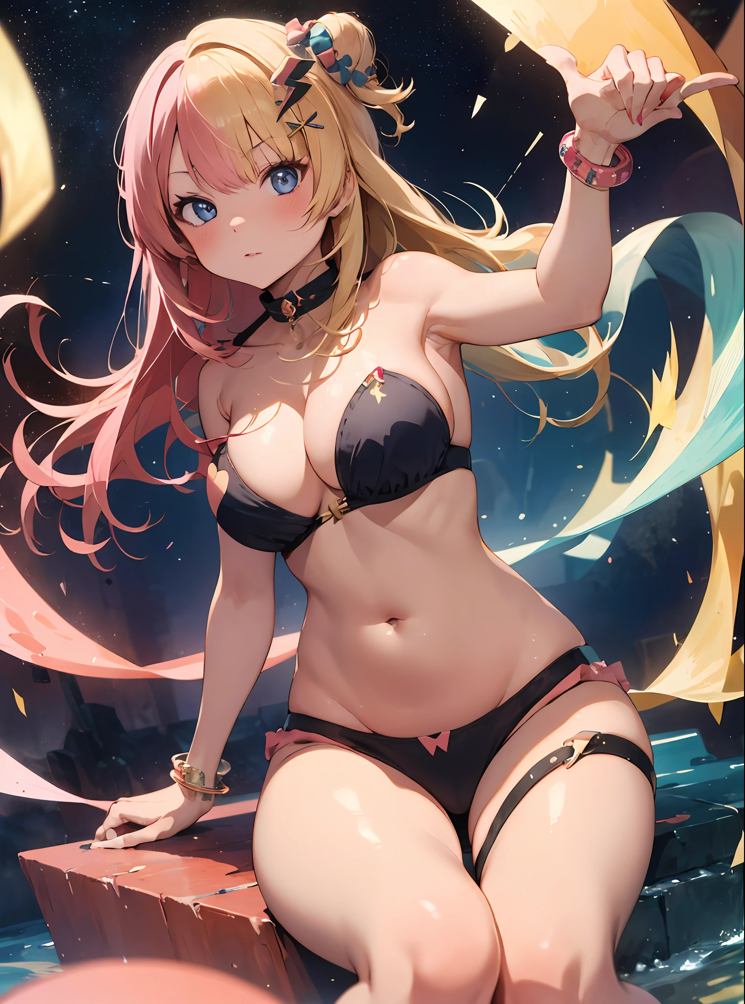 masterpiece, detailed, high quality, absurdres, kotoka, 1girl, solo, blush, multicolored hair, blonde hair, pink hair, medium breasts, curvy, wide hips, groin, (jewelry:1.3), choker, strapless, pelvic curtain, bracelet, anklet, belly chain, thigh strap, sitting, leaning back,