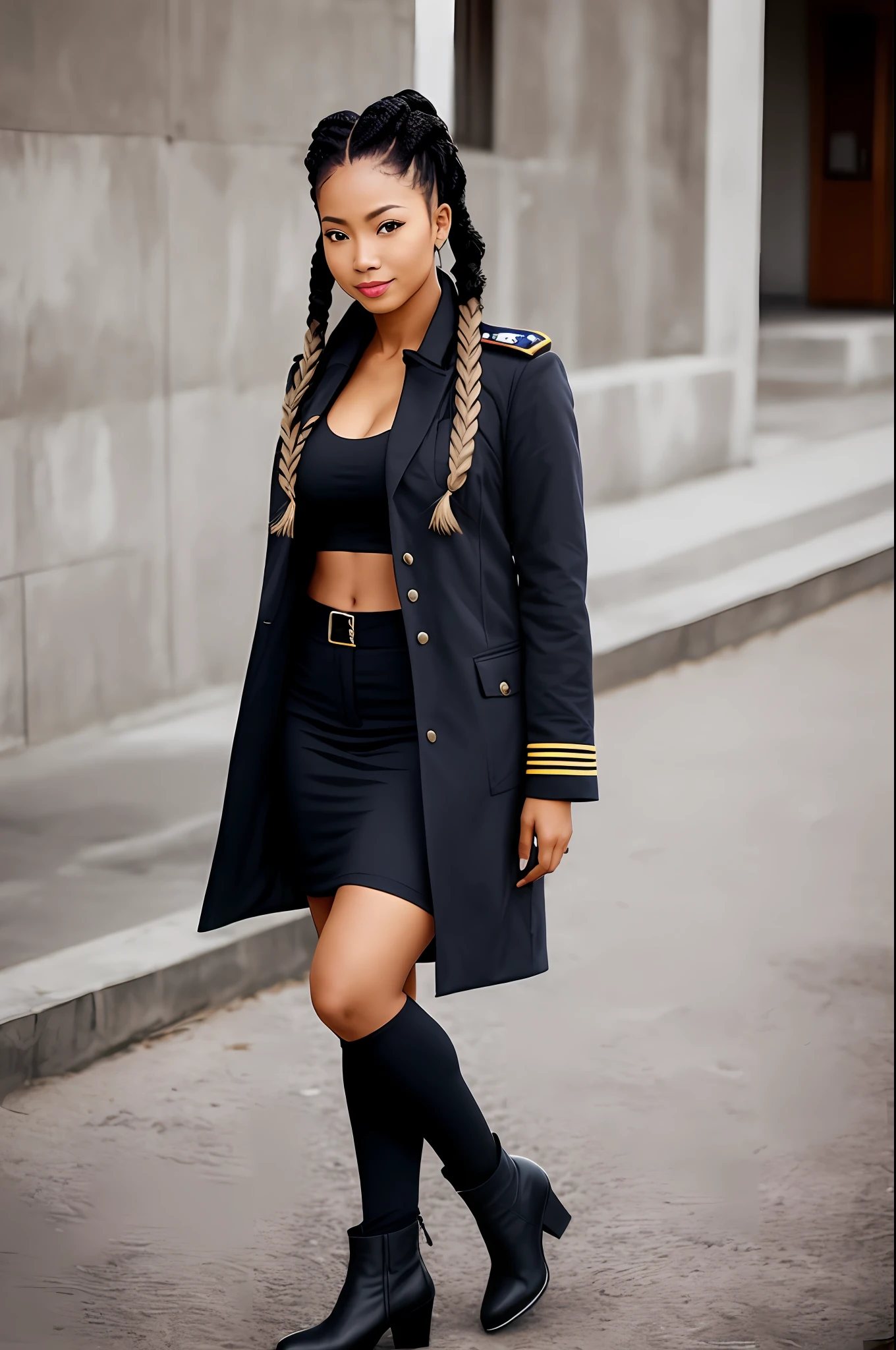 A sexy black asian woman, corpo atletico, seios grandes, hair with braids, jaqueta militar capacete militar nua, bota branca de cano longo