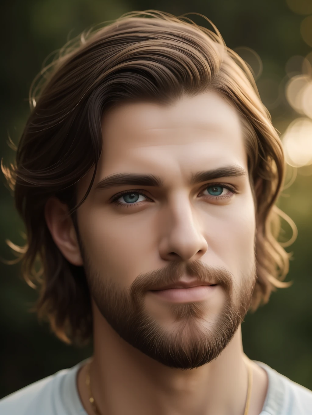 A realistic, insanely handsome happy bohemian man, short windy hair, full length, highly detailed face, nature background at sunrise, detailed body, highly detailed, soft colors, porcelain skin, elegant, golden ratio, light brown hair, short windy hair, extremely handsome detailed eyes, bright colors, rainbow hair, giving a sense of isolation and introspection, backlighting, hasselblad helios 44-2 58mm F2