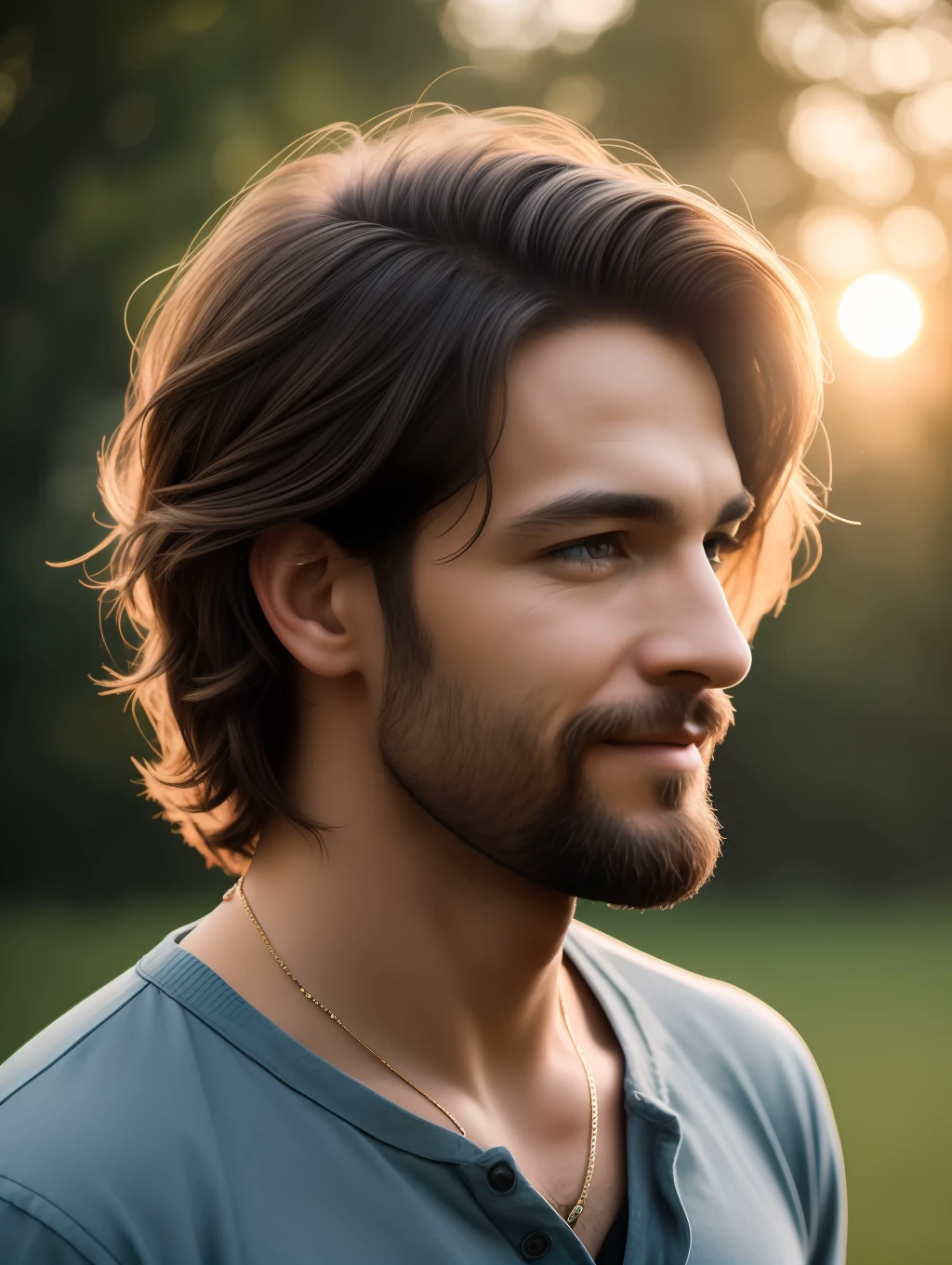 A realistic, insanely handsome happy bohemian man, short windy hair, full length, highly detailed face, nature background at sunrise, detailed body, highly detailed, soft colors, porcelain skin, elegant, golden ratio, light brown hair, short windy hair, extremely handsome detailed eyes, bright colors, rainbow hair, giving a sense of isolation and introspection, backlighting, hasselblad helios 44-2 58mm F2