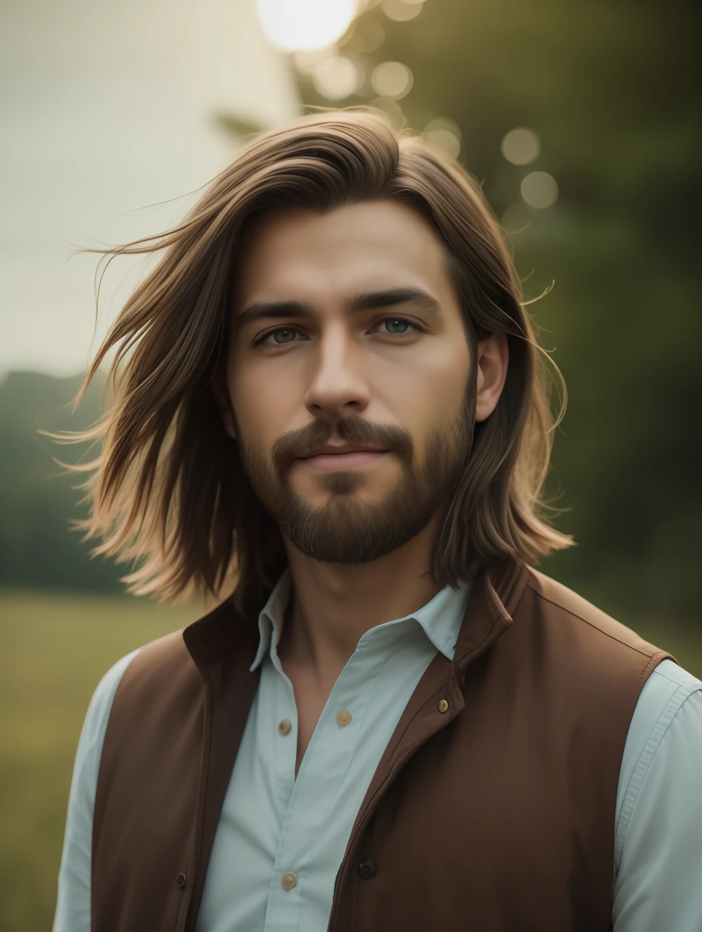 A realistic, insanely handsome happy bohemian man, short windy hair, full length, highly detailed face, nature background at sunrise, detailed body, highly detailed, soft colors, porcelain skin, elegant, golden ratio, light brown hair, short windy hair, extremely handsome detailed eyes, bright colors, rainbow hair, giving a sense of isolation and introspection, backlighting, hasselblad helios 44-2 58mm F2