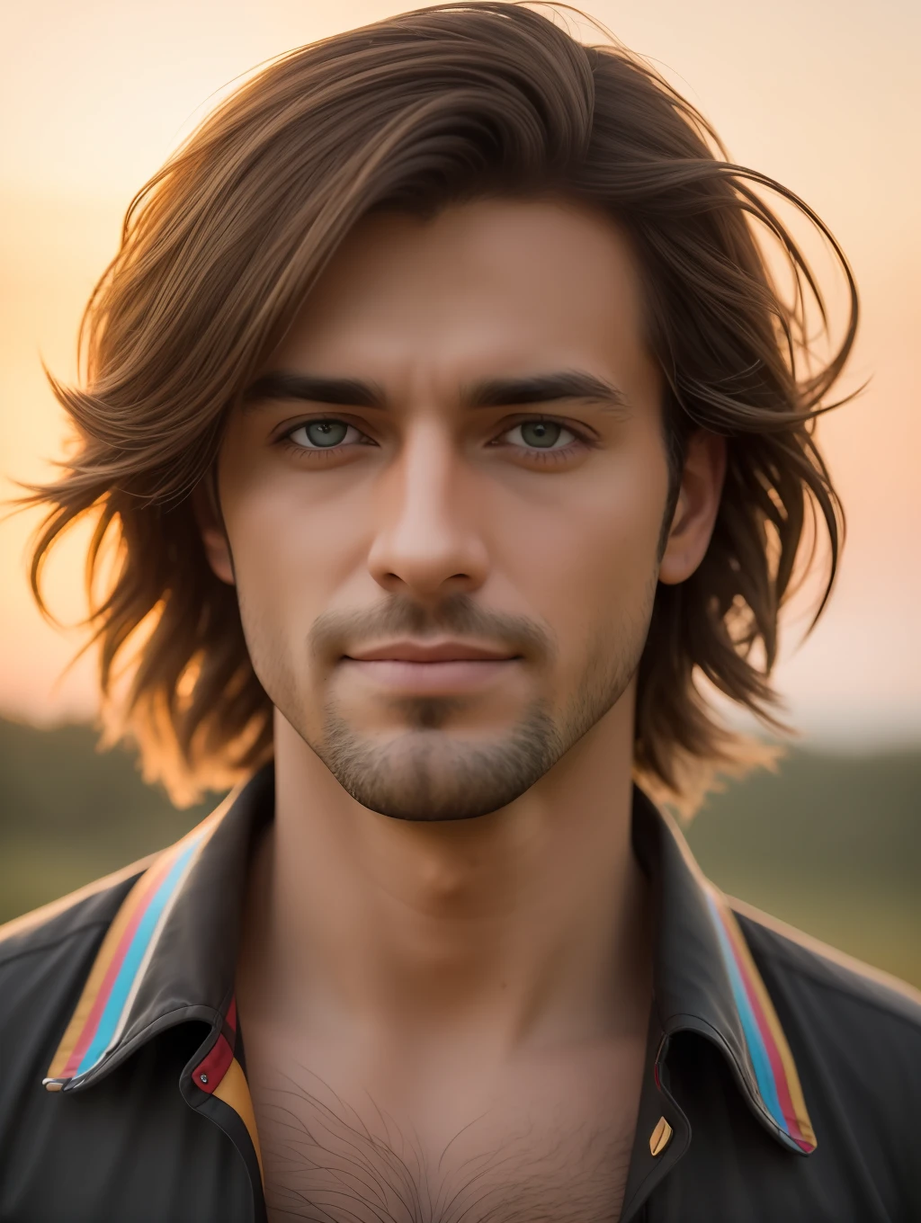 A realistic, insanely handsome happy bohemian man, short windy hair, full length, highly detailed face, nature background at sunrise, detailed body, highly detailed, soft colors, porcelain skin, elegant, golden ratio, light brown hair, short windy hair, extremely handsome detailed eyes, bright colors, rainbow hair, giving a sense of isolation and introspection, backlighting, hasselblad helios 44-2 58mm F2