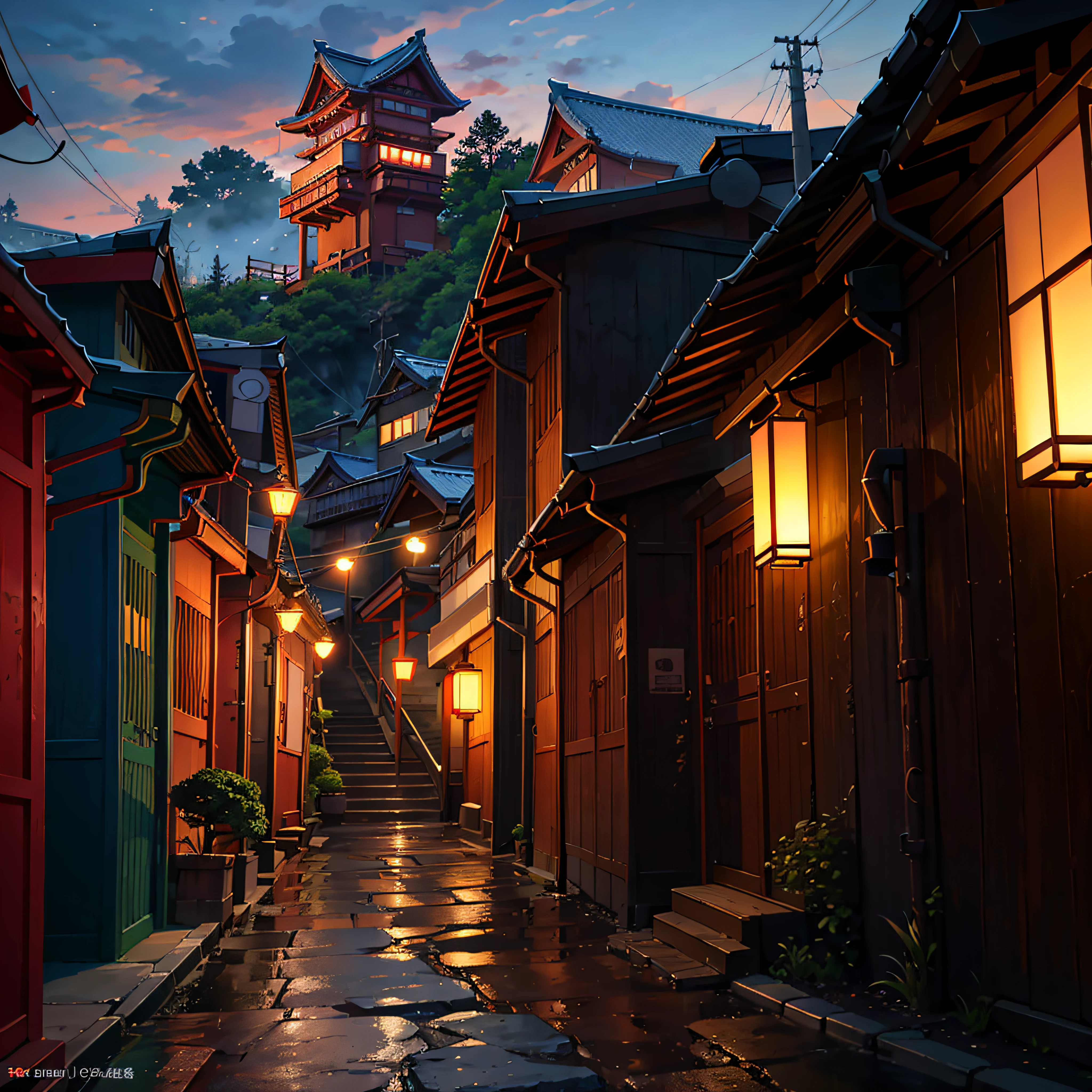 vivid colors, Japanese village, summer, strong lighting, vector, red sun, pixiv fan box trend, makoto shinkai style, genshin impact, razor sharp details, magical Tokyo is attacked by a mesmerizing landscape of red darkness, dark arts, the witcher, photo realistic, awesome, sharp lens, professional photography, 70mm lens, love detailed, good quality, unreal engine 5, wallpaper, colorful, highly detailed, 8k, soft light, photorealistic --auto