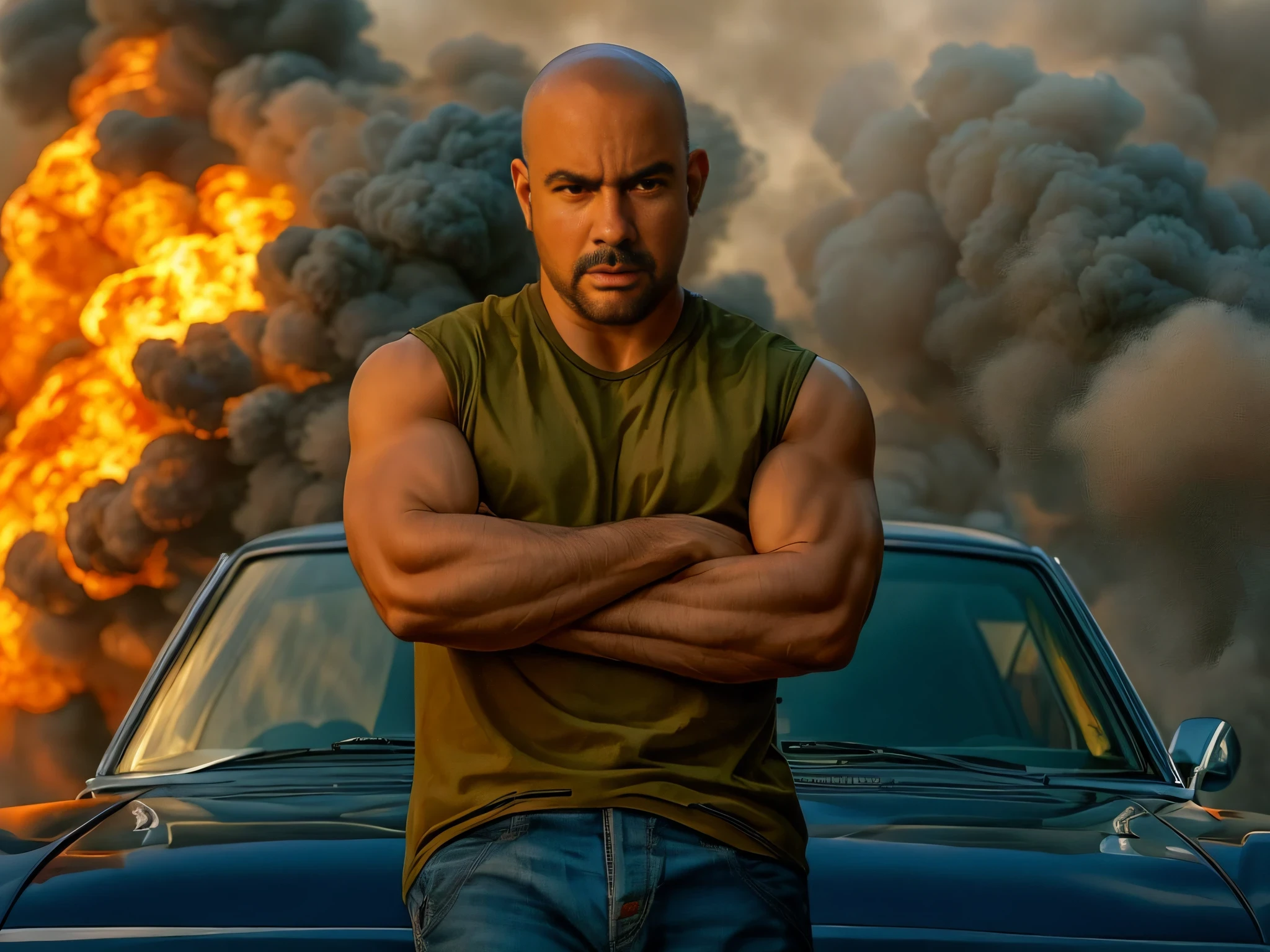 Homem careca, standing in front of a car with smoke billowing from it, estilo cartoon, contorno preto, Domingos Toretto, Vin diesel, Velozes e Furiosos,