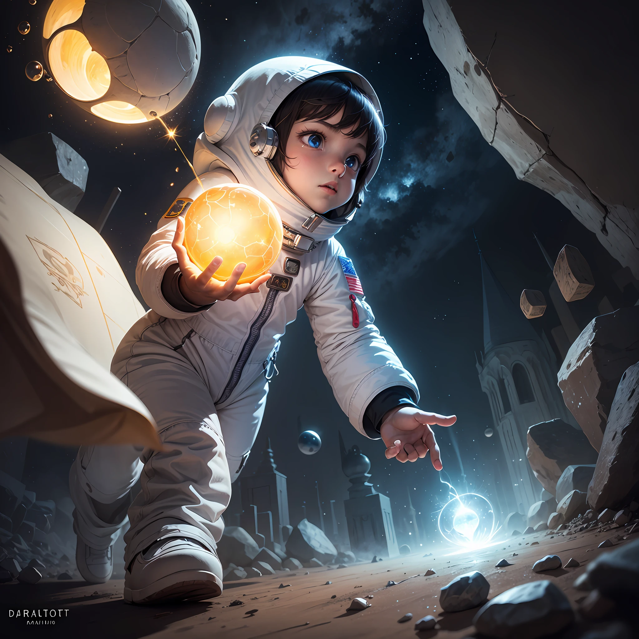 Boy in astronaut costume throwing a shiny stone into the darkness in a magical world Children's book drawing --auto