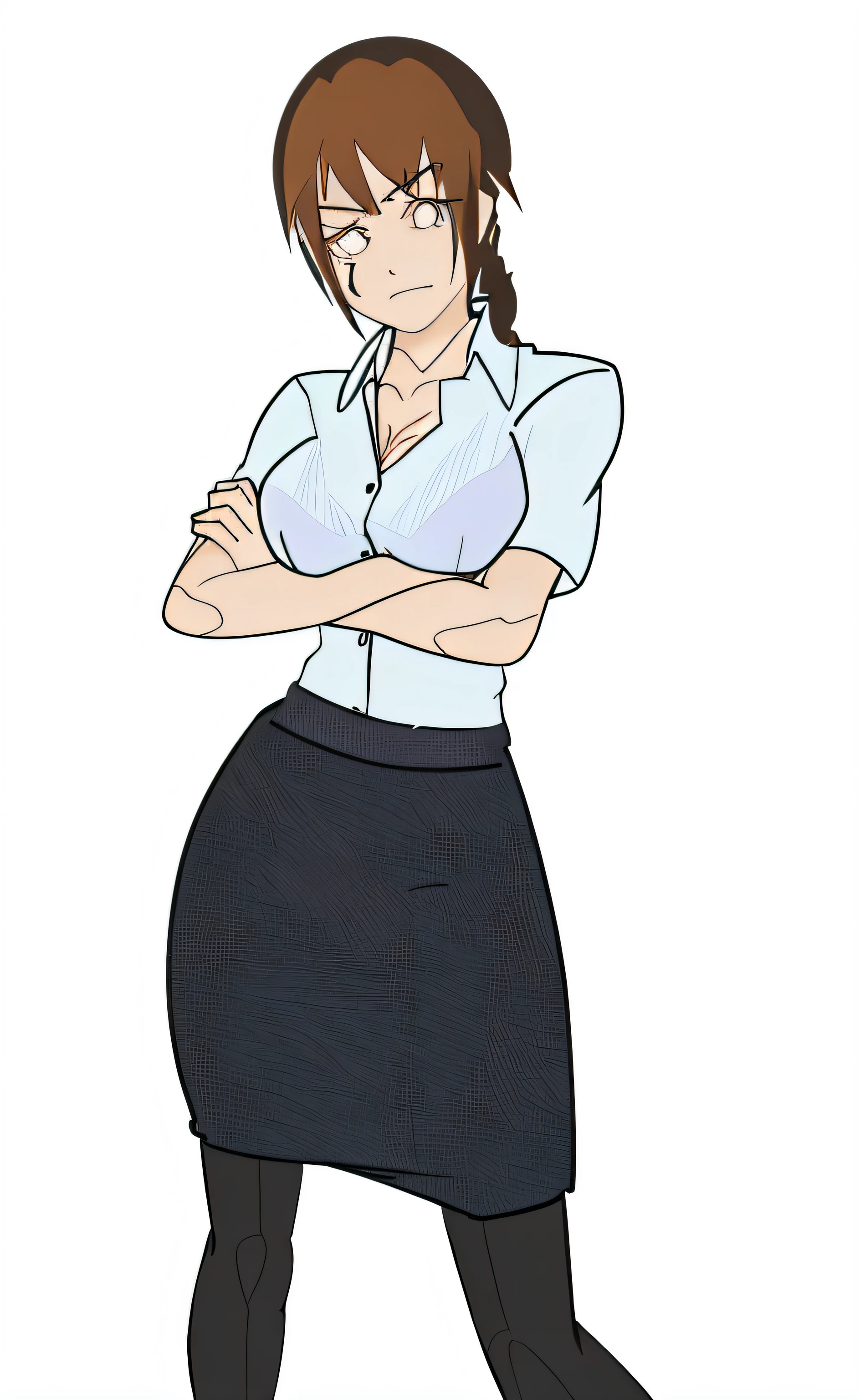 Cartoon girl in skirt and shirt with arms crossed, cell shaded adult animation, Casual pose,  intimidating woman, digitally colored, female lawyer, businesswoman, female full body, Wearing a strict business suit, female in office dress, fully body pose, full-body close-up shot, adult character, cel - shaded art style, menacing pose