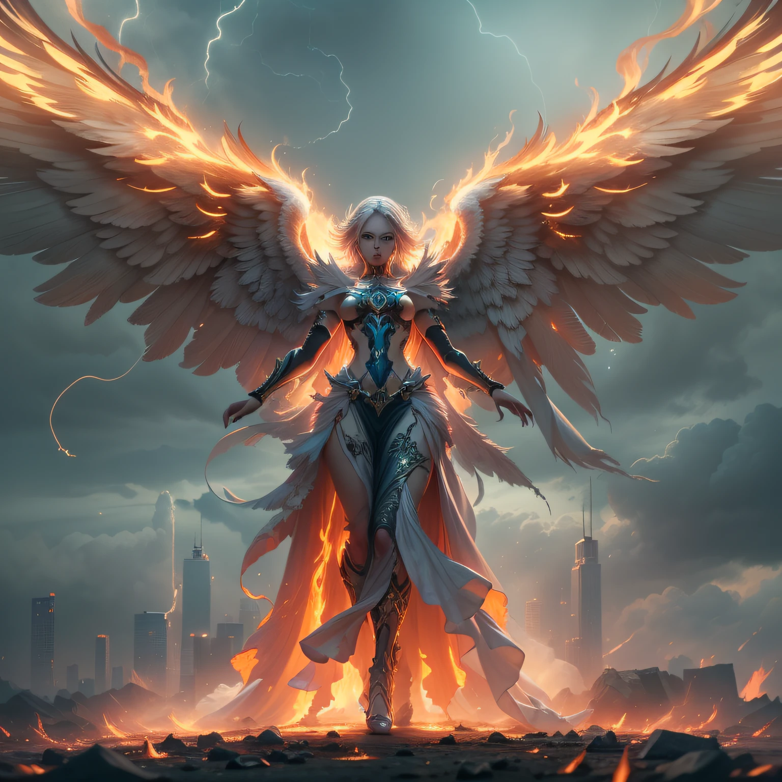 (extremely detailed image),((full body):1.5), (angel female appearance) (giant angelic wings), (flaming eyes, neon eyes), (Extreme display of power), apocalypse, angel, power, end of world, (rich in detail), (involving and intricate powers), ((Long shot):1.4), ((cinematic lighting):1.3)