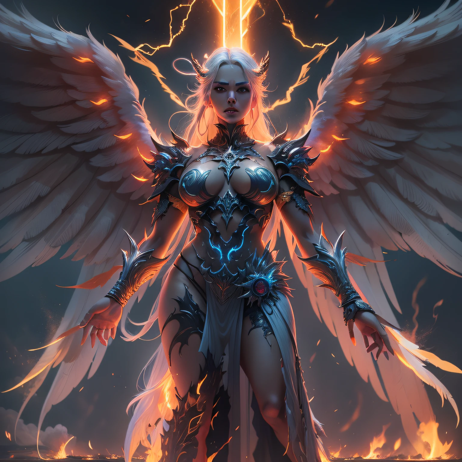 (extremely detailed image),((full body):1.5), (angel female appearance) (giant angelic wings), (flaming eyes, neon eyes), (Extreme display of power), apocalypse, angel, power, end of world, (rich in detail), (involving and intricate powers), ((Long shot):1.4), ((cinematic lighting):1.3)