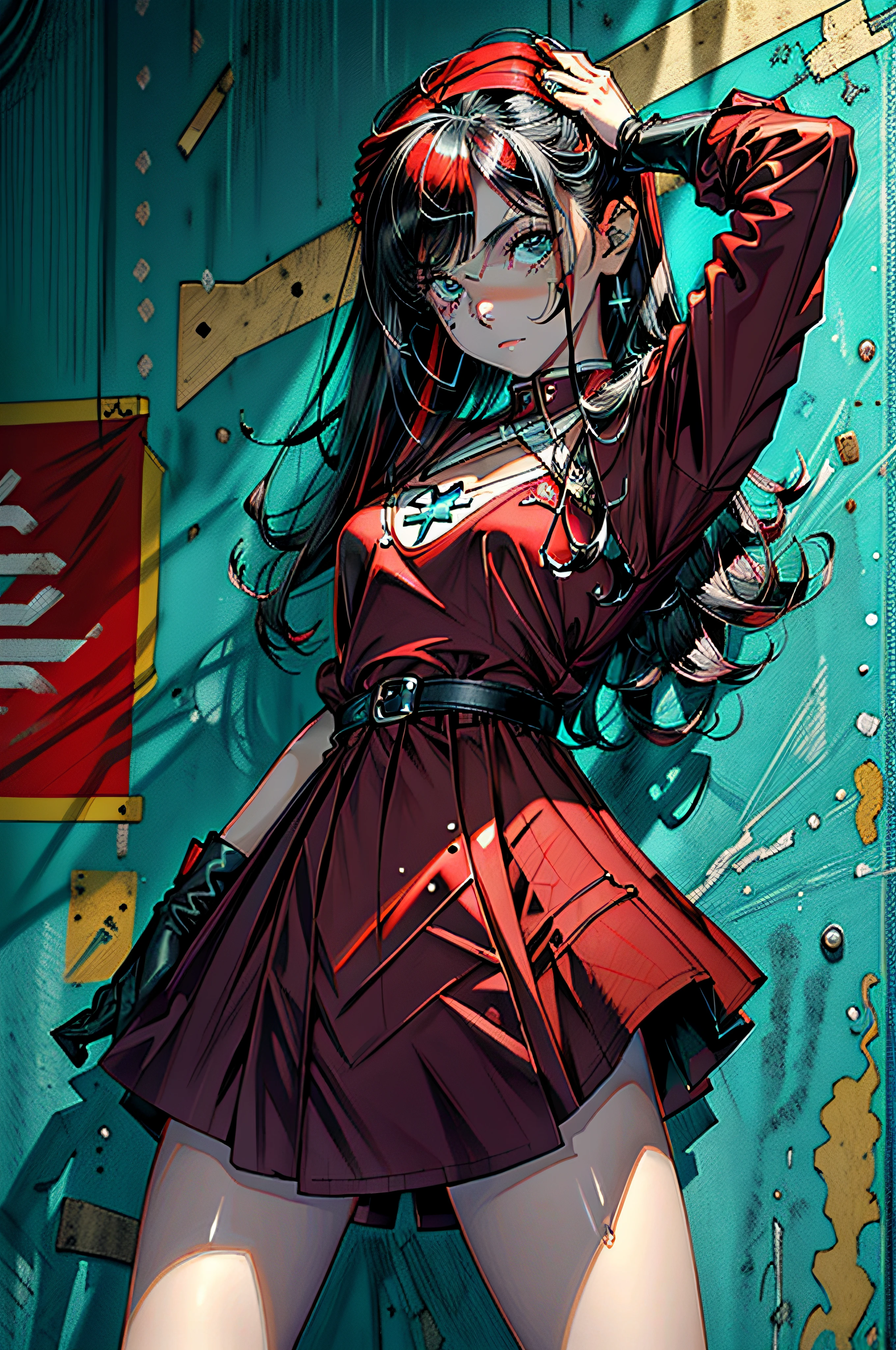 ((obra maestra, alta calidad, mejor calidad, highres, ultra-detallado, 8k: 1.4), 1girl, sangre por todas partes, salpicaduras de sangre, tono oscuro, tono rojo, ojos rojos, corriendo de los zombies, pechos grandes, guantes, escote, ((cabello suelto, peinado alternativo)), zapatos, guantes blancos, cabello sobre un ojo, tacones altos, WMASK, ((Medical patch, WMASK ))), radiation marks, cruz, caderas anchas, gorra de enfermera, enfermera, cintura estrecha, cruz roja, ((sangre, sangre en la ropa, salpicaduras de sangre, abstracto, pared llena de sangre, en una pared de sangre, profundidad de campo, perspectiva: 1.4)), Por kyoto animation,