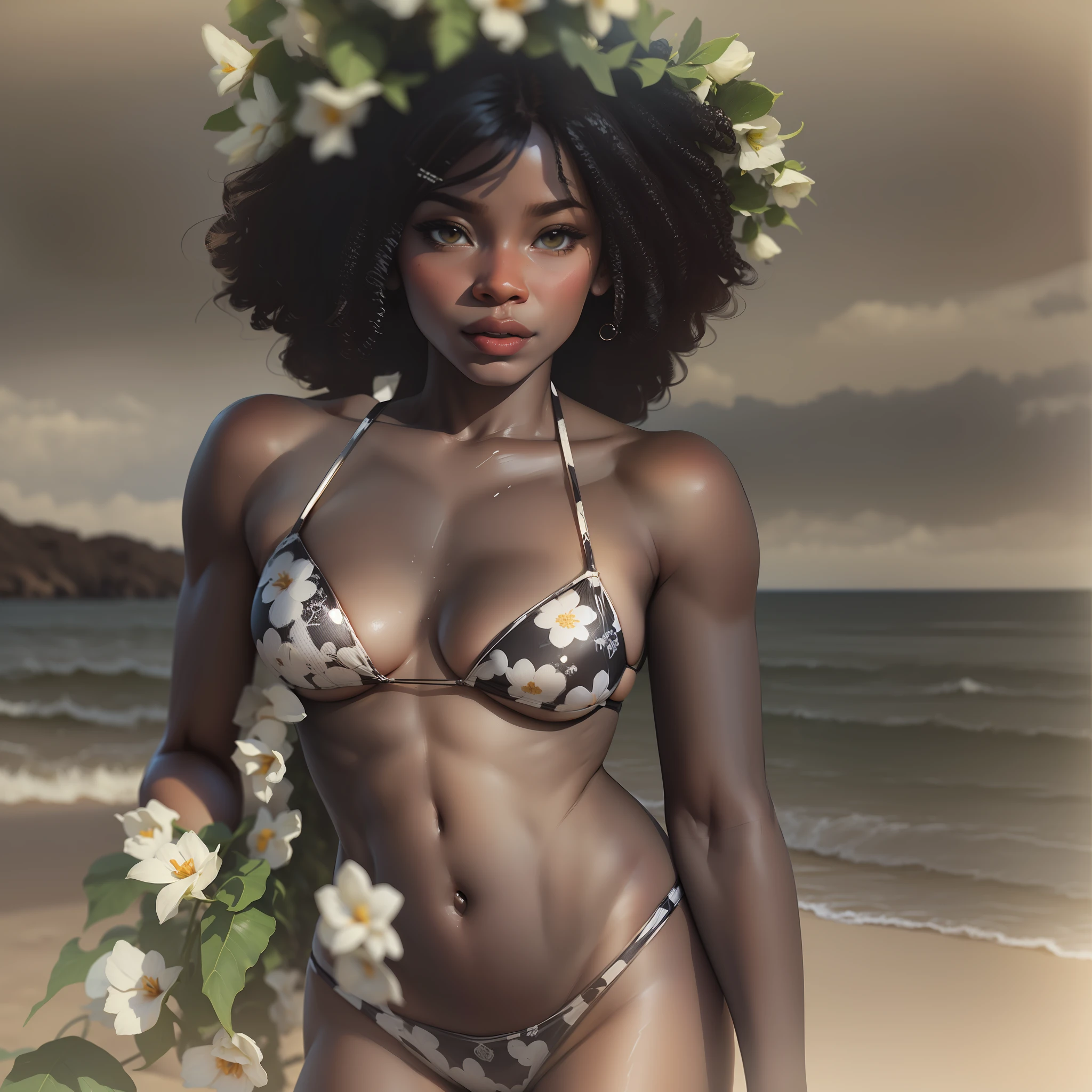 Uma jovem negra, ((mulata)), ((pele escura)) na praia, wearing bikini with flower prints, corpo bonito, ((cena de corpo inteiro)), apenas uma mulher em cena, in front of the camera, she's wearing simple tight clothes, micro bikini, realista, imagem extremamente detalhado, figura extremamente detalhada, ((apenas uma mulher em cena))