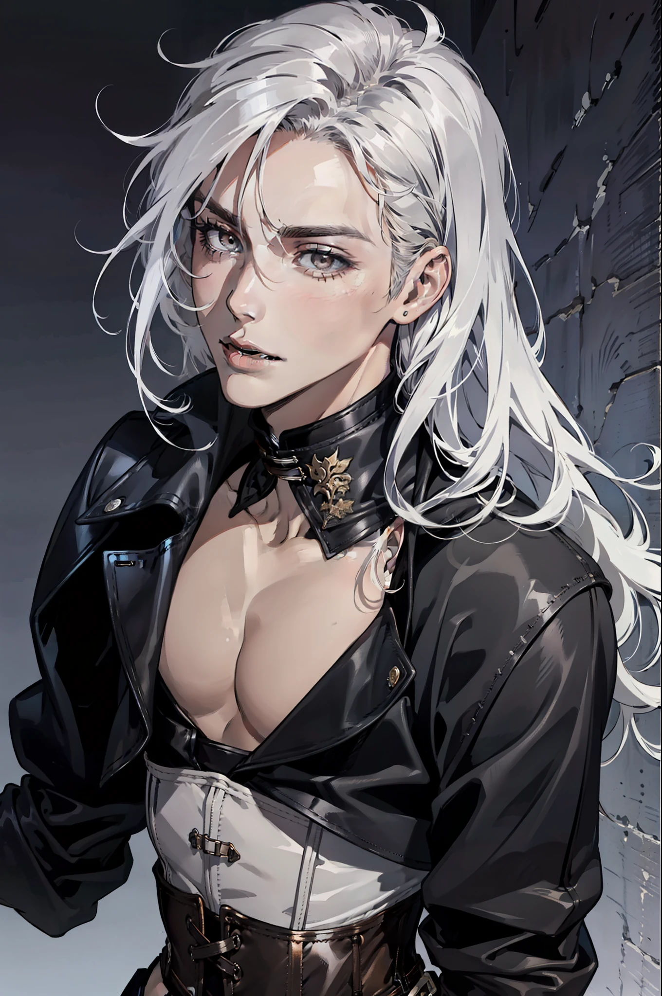 (absurdres, highres, ultra detailed), 1man, 30 years old man, adult man, handsome, tall,, finely detailed eyes and detailed face, leather pants, (((open chest))), (((underbust corset))), night, smile, dutch angle, ((long hair, white hair)), gold details, gothic, vampire, vampire prince, dark, simple clothes, looking at the view, tan skin, detailed eyes, (masculine), sexy, elegant, long bangs, detailed hands, (((gray eyes))), corset, flirt,