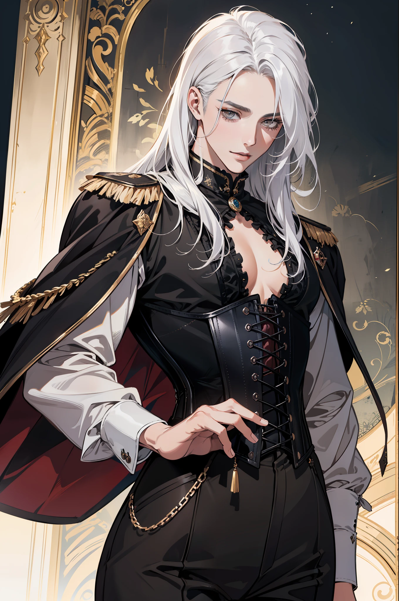 (absurdres, highres, ultra detailed), 1man, 30 years old man, adult man, handsome, tall,, finely detailed eyes and detailed face, leather pants, (((open chest))), (((underbust corset))), night, smile, dutch angle, ((long hair, white hair)), gold details, gothic, vampire, vampire prince, dark, simple clothes, looking at the view, tan skin, detailed eyes, (masculine), sexy, elegant, long bangs, detailed hands, (((gray eyes))), corset, flirt,
