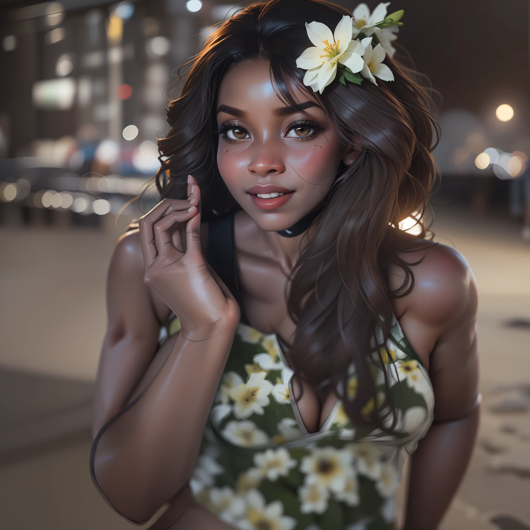 Uma jovem negra, ((mulata)), ((pele escura)) na praia, wearing bikini with flower prints, corpo bonito, ((cena de corpo inteiro)), apenas uma mulher em cena, in front of the camera, she's wearing simple tight clothes, micro bikini, realista, imagem extremamente detalhado, figura extremamente detalhada, ((apenas uma mulher em cena))
