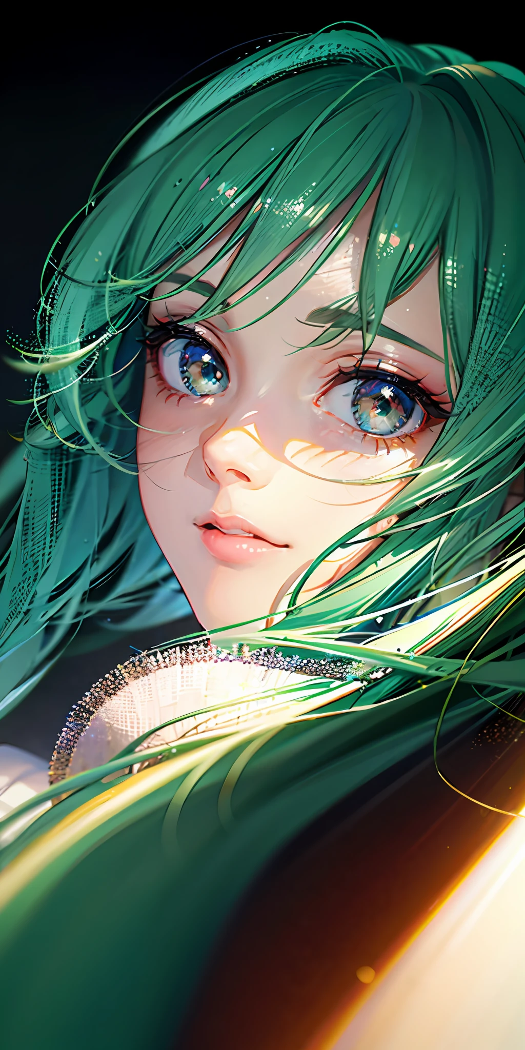 Green hair, Blue eyes, High Ponytail, Cape,Green hair gradient,{{Best Quality}}, {{masutepiece}}, {{Ultra-detailed}}, {Illustration}, {Detailed light}, {extremely delicate and beautiful}, girl with, {Beautiful detailed eyes}, Stars in the eyes, messy floating hair, Colored inner hair, Starry sky adorns hair, depth of fields,Lori,
