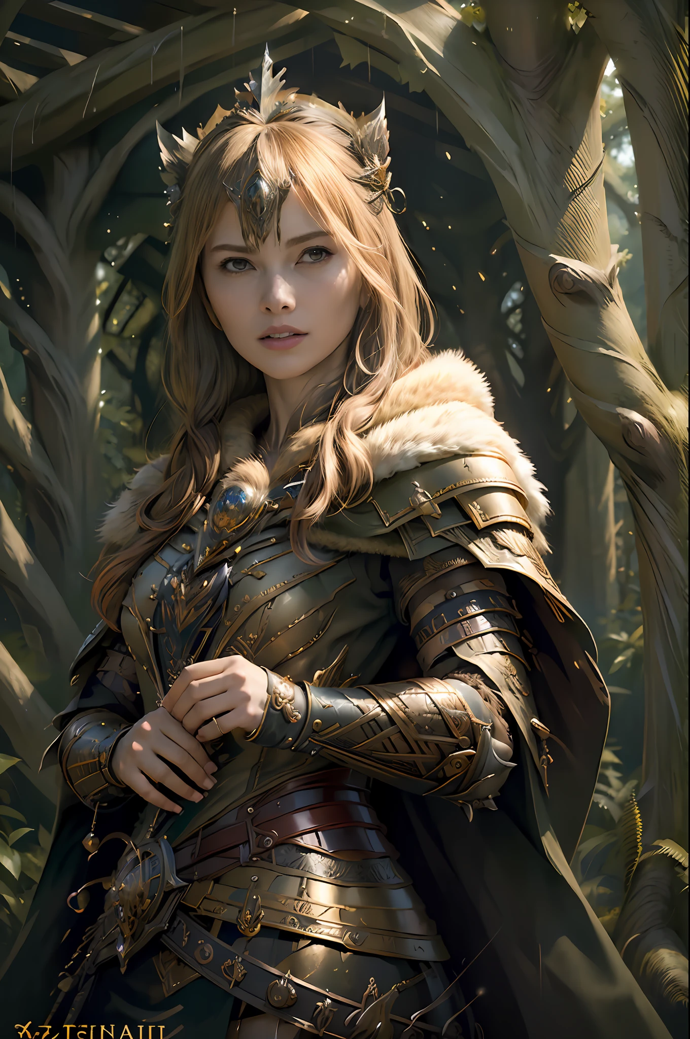 (masterpiece, top quality, best quality, official art, beautiful and aesthetic:1.2), (1girl), (warrior queen armor, fur-lined cape, jeweled crown:1.2),serious