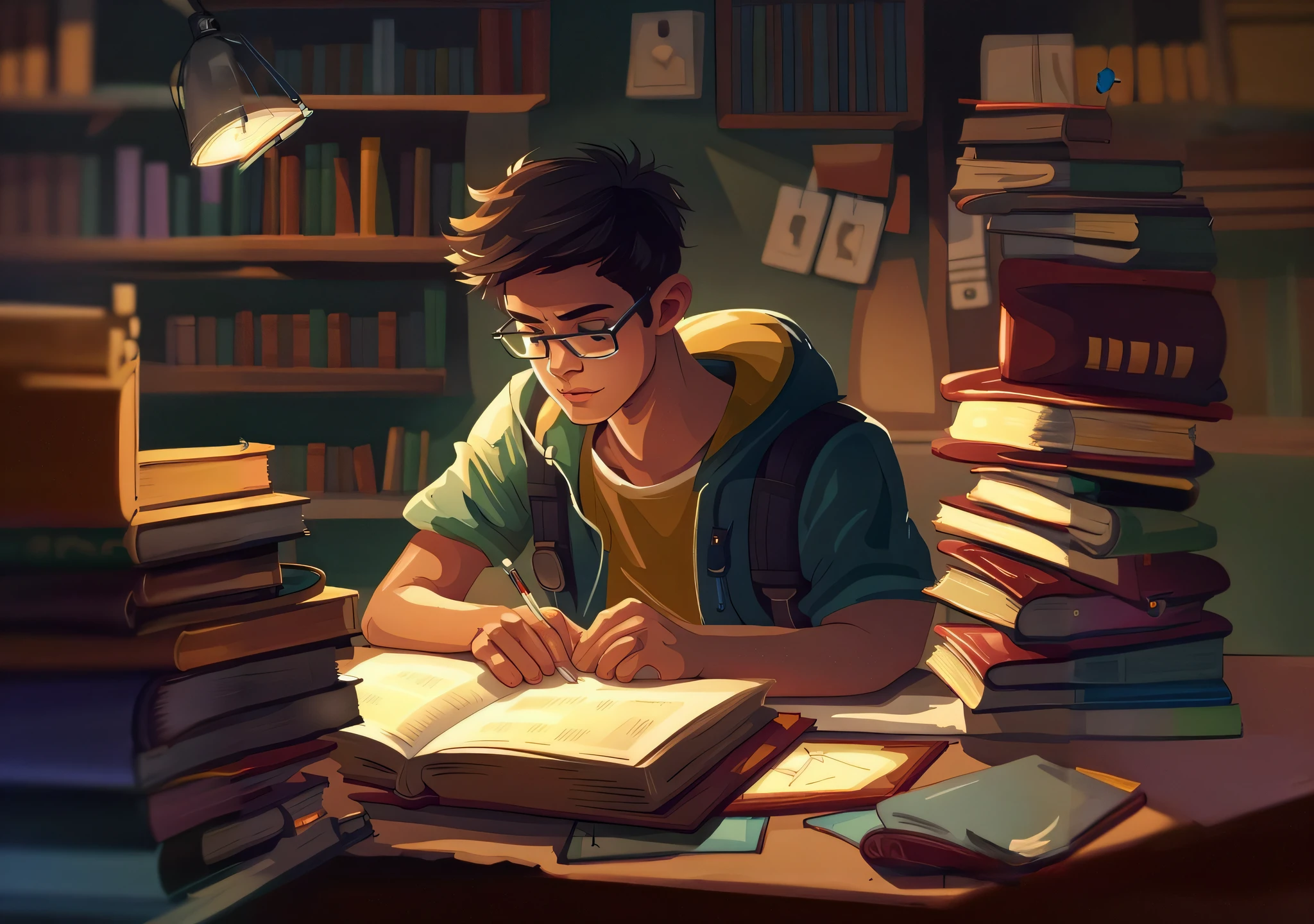 a man sitting at the table with a book and a lamp, tentando estudar, estudioso, Estudar, Chiaroscuro estudioso, Cyril Rolando e Goro Fujita, fundo da biblioteca, academic painting, school background, arte de fundo, Mestrado, retrato do livro, inspirado em Cyril Rolando, estudante de arte, estudante, leitura na biblioteca