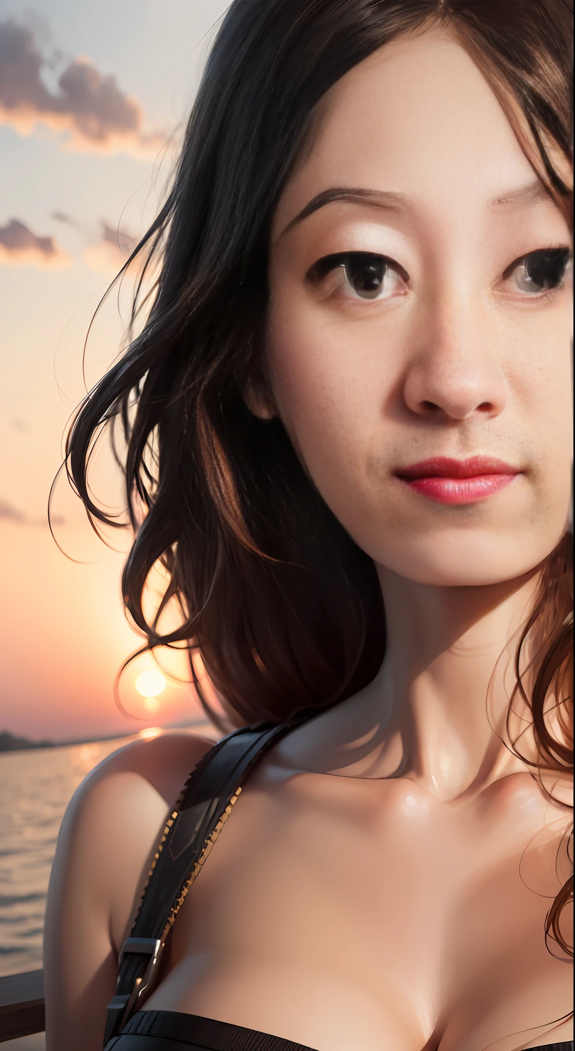 super high image quality,A masterpiece,ultra-definition,Natural realistic style(fidelity:1.4),Charming shoulder close-up,Deep shadows,Delicate facial contours,Bright eyes,Shines skin,Gorgeous sunset background。