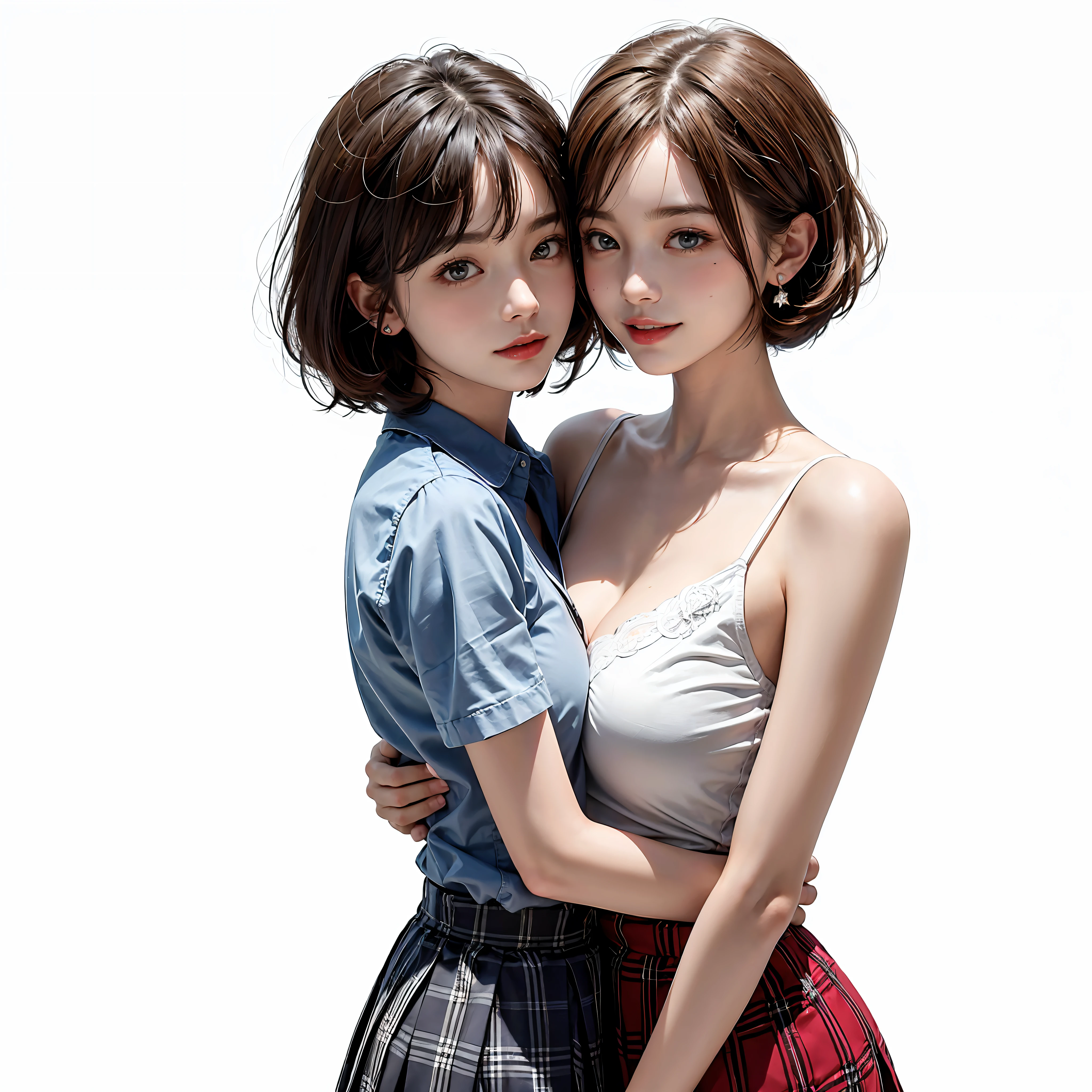 Two people facing each other and hugging happily、Two people hugging each other happily、Two people hugging each other tightly、Both of them stare intently at the camera、Look firmly at the camera、Lesbian couple、Lily couple、((Bring your cheeks together))、Two pretty and pretty girls、masterpiece、top-quality、realisticlying、realisitic、Seductive bright smile、Both of them have short clean hair with bangs、bangss、bangss、Both have short hair、clean hair with bangs、Short sleeve collar shirt with collar、Collared shirt、(Plaid pleated skirt)、enticing eyes、Both have very large breasts、very Bigger breasts、Big ass、big breasts thin waist、(cleavage of the breast)、(Immaculate white background with nothing really)、(24 year old)、ighly detailed、Very tall、neck long、the neck is long、Straighten your back、Put your ears out、Highlights in the eyes、lipgloss、glowy skin、White-colored skin、Clean collarbone、closes mouth、Close your mouth and smile、Happily、Nice proportions、lovely、Charming and endearing、Colorful random collar shirt、Colorful random color skirt、Do not add shadows、No shadows