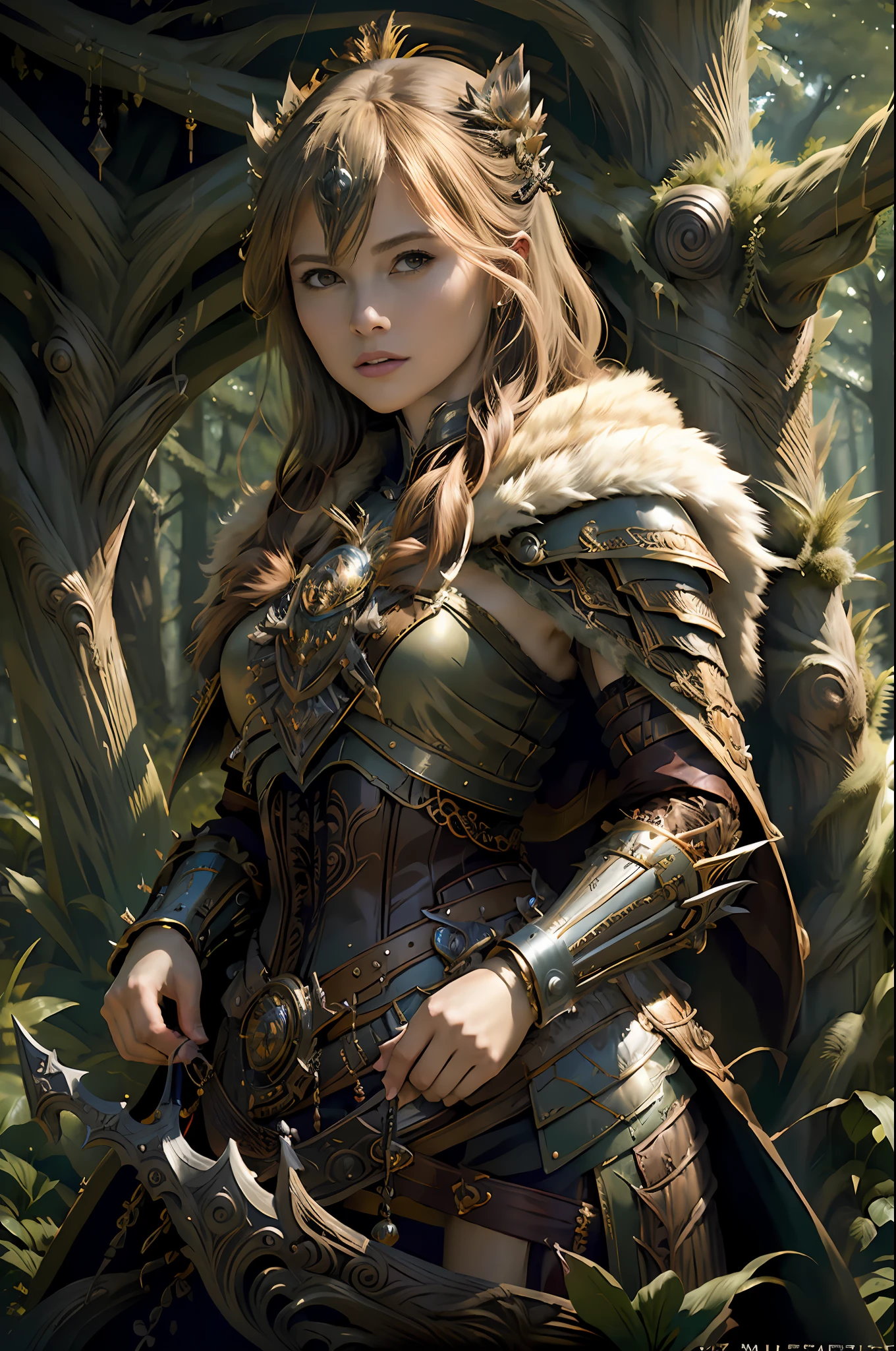 (masterpiece, top quality, best quality, official art, beautiful and aesthetic:1.2), (1girl), (warrior queen armor, fur-lined cape, jeweled crown:1.2),serious