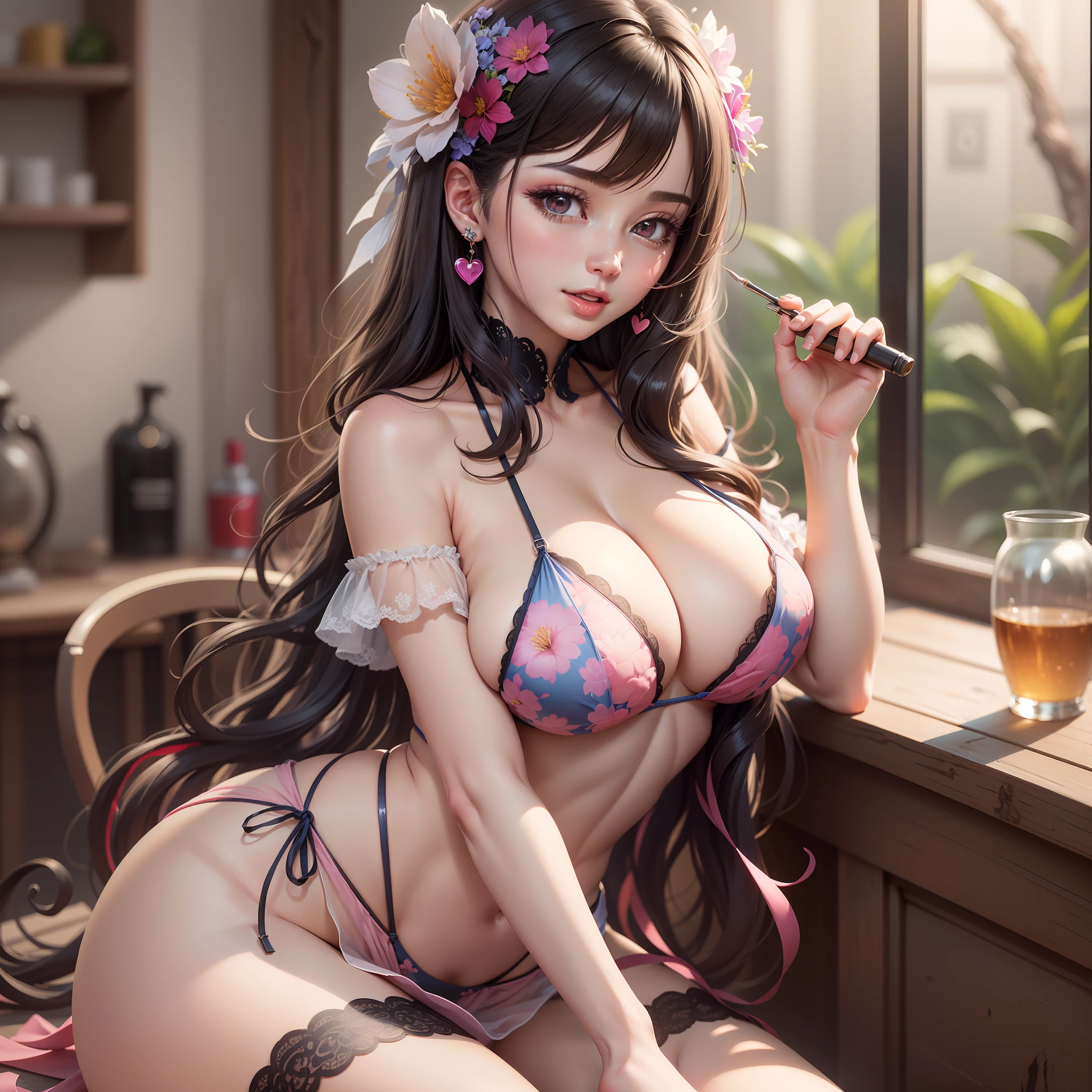 Best quality,Amazing,Masterpiece,Delicate,超高分辨率,Ultra detailed,intricately details,Beautiful detailed,8K resolution,(Extremely detailed Cg Unity 8K wallpaper),Sharp focus,((No text)),breast conscious,gigantic cleavage breasts,Areola Slip,Covered,Bursting breasts,Lively breasts,framed breasts,Sheer tulle tulle mini bikini,Tongue stock,Makeup,Happy,Reflectors,ahegao,Pink eyes,Heart earrings,1girll,Solo,Female pervert,view the viewer,hair flower,Long hair,multicolored hair,Shiny hair,Barefoot,Bottomless,Thick thighs,Bare legs,