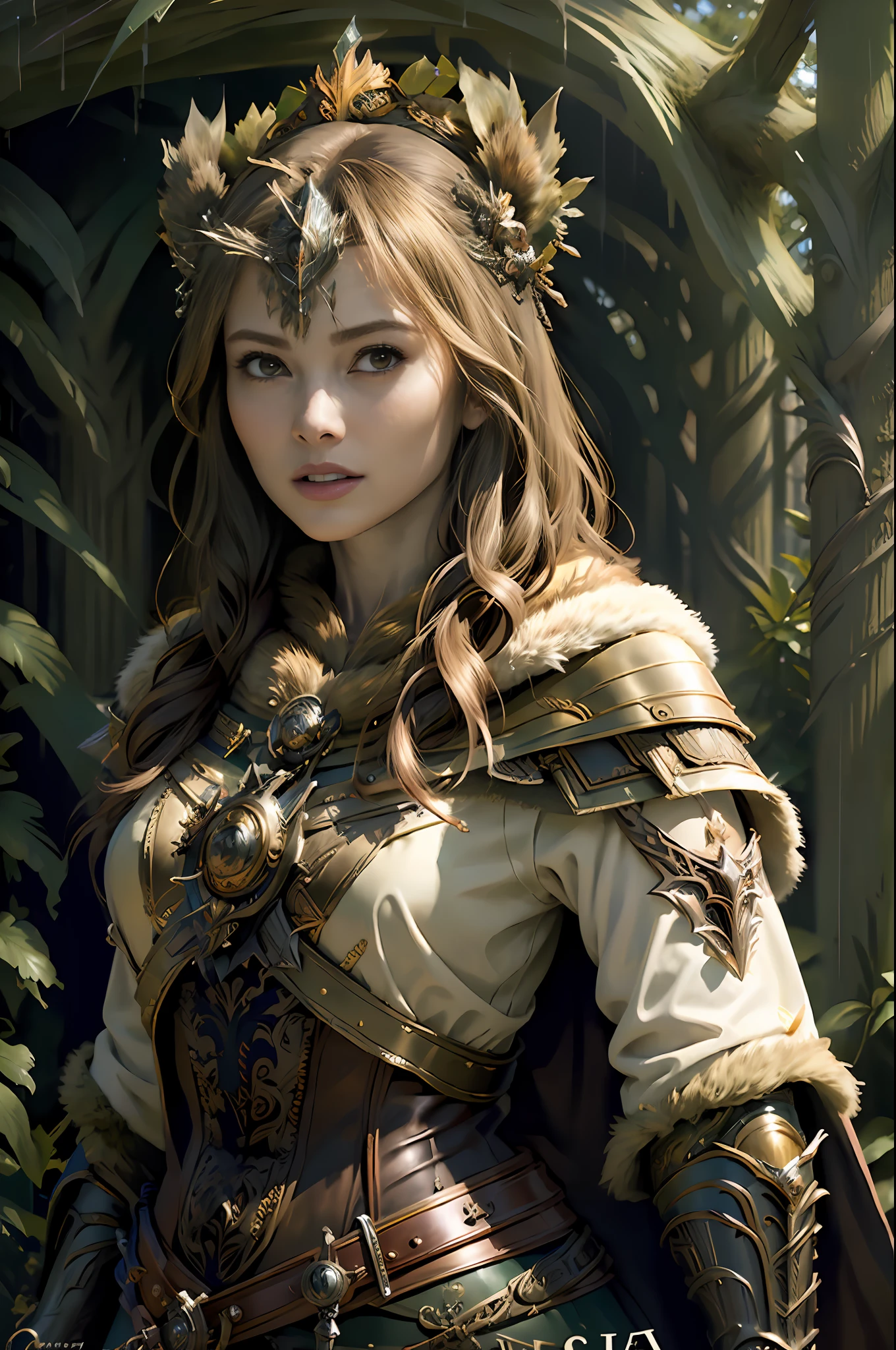 (masterpiece, top quality, best quality, official art, beautiful and aesthetic:1.2), (1girl), (warrior queen armor, fur-lined cape, jeweled crown:1.2),serious