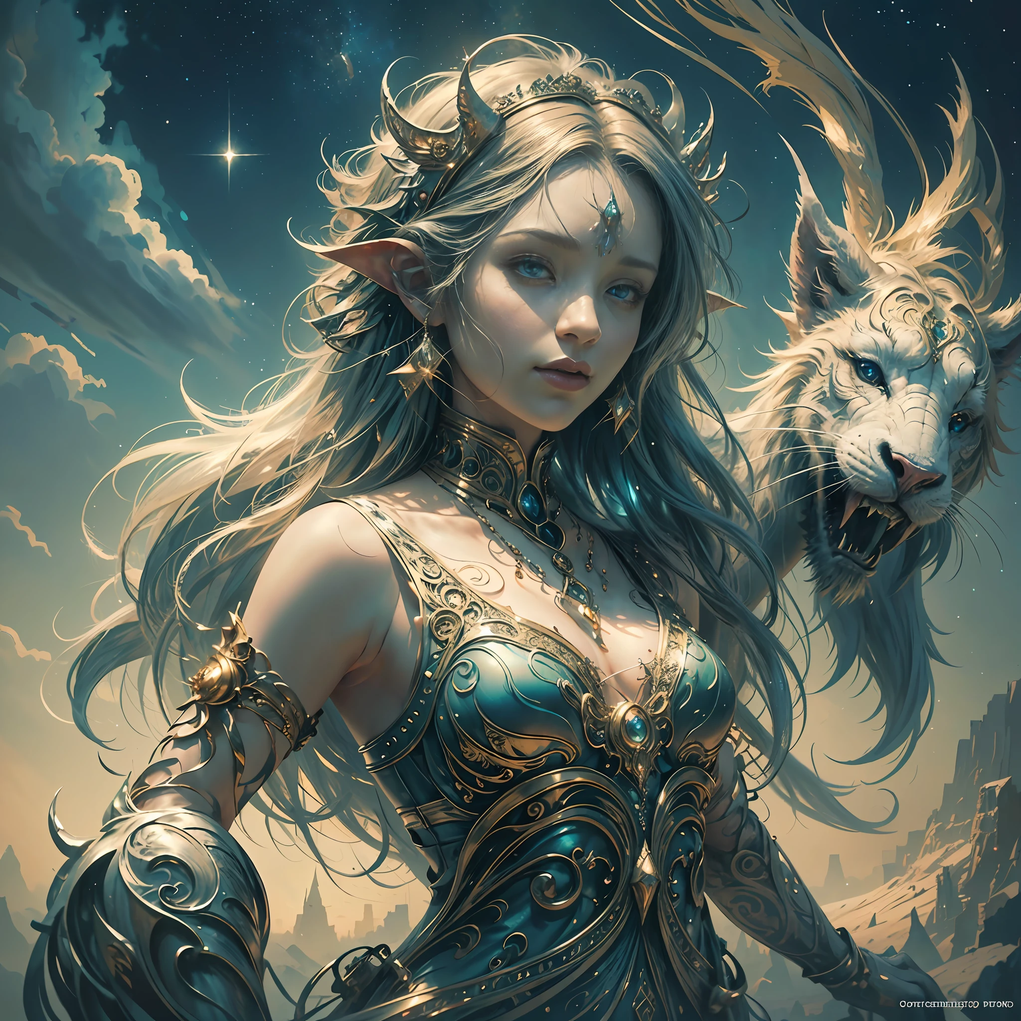 ((masterpiece)), (ultra-detailed), (intricate details), (high resolution CGI artwork 8k), Create artwork of one interesting celestial being with a stunning chimera. She should be delicate and mysterious with hair dissolving into bright stars. The chimera should be colorful and beautiful and highly detailed. Pay close attention to face details with small and ornate enhancements such as mesmerizing eyes with realistic shading. The artwork's color palette should be based on fairytale fantasy, mythic fantasy, and high fantasy with saturated colors. The image should feature a dreamlike, ethereal atmosphere with shimmering details and gossamer details. The background should be interesting but subtle, with the focus remaining on the figures in the foreground. Camera: Prioritize compelling and dynamic composition. Lighting: Utilize atmospheric and volumetric lighting and dynamic lighting to emphasize the image's awe-inspiring aura. Choose an angle that highlights the character's beauty and enhances the magical majesty of the artwork. Consider popular trends in fantasy images such as those from ArtStation and Midjourney. Resolution: Aim for high-resolution artwork to showcase intricate details and clarity.