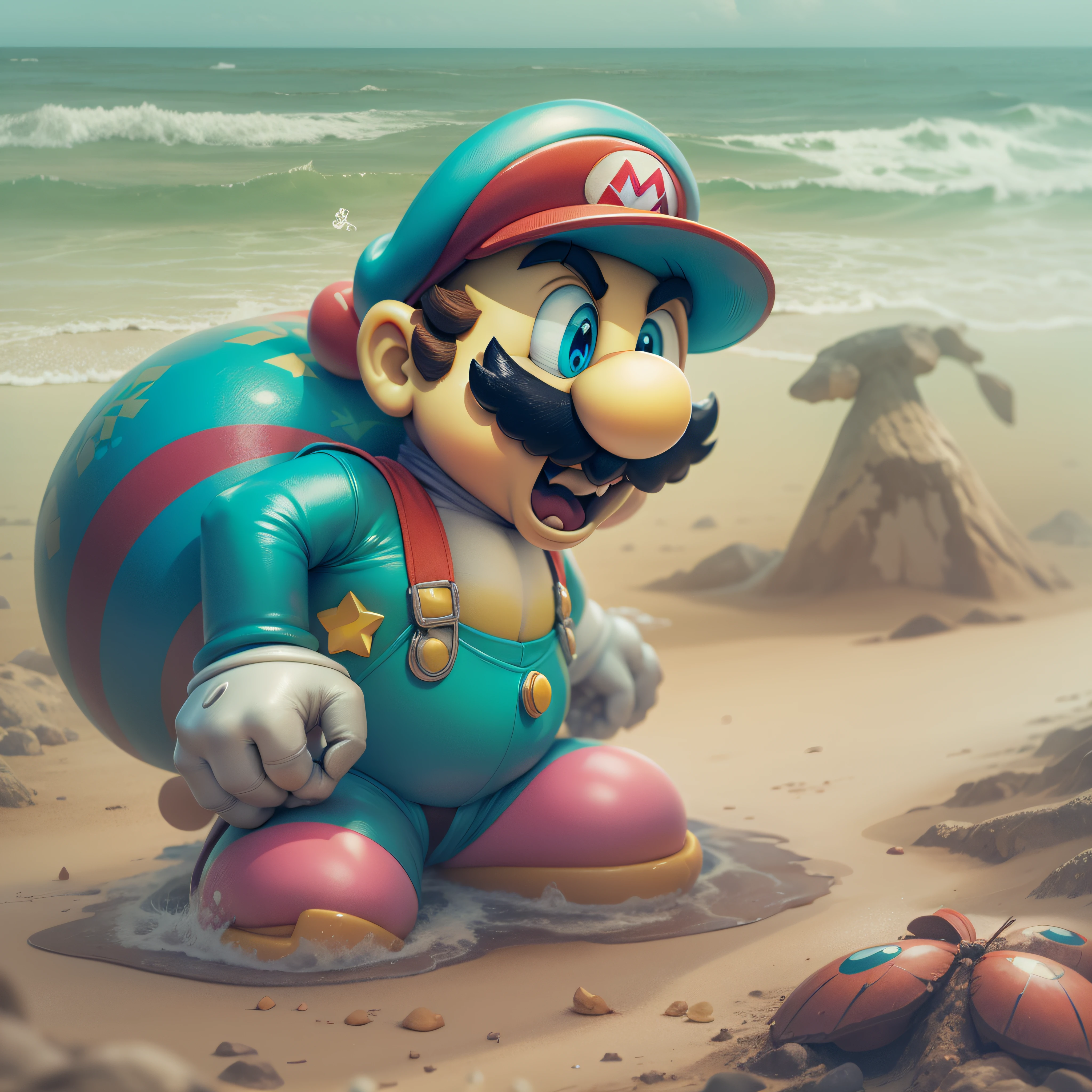 super mario pulando em um cogumelo azul em uma praia cheia de mosquito